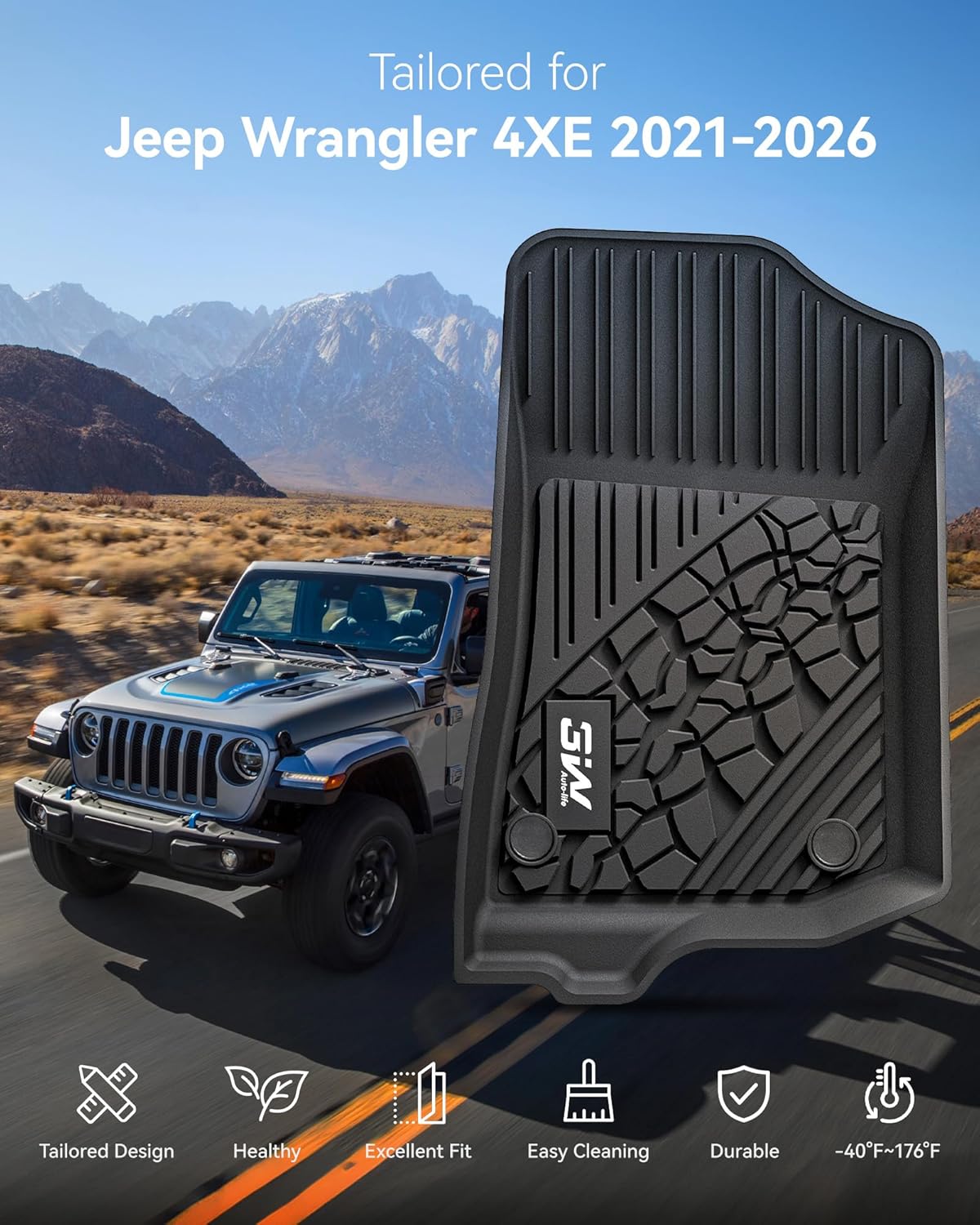 Thumbnail 1 de 3W Custom Fit Floor Mats & Cargo Liner for Jeep Wrangler 4XE Hybrid (2021–2026) – All-Weather TPE, Heavy Duty