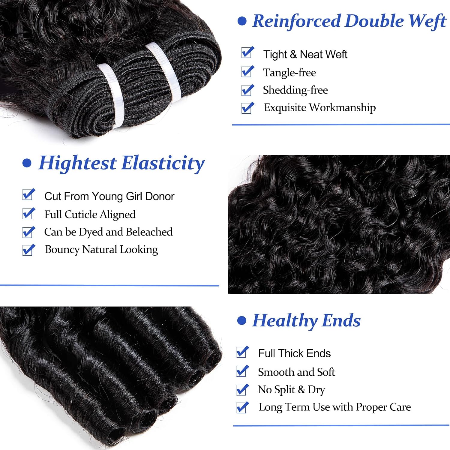 Detalle 2 de Burmese Curly Human Hair Bundles (20/22/24) — 3C4A Water Wave, 100% Unprocessed Virgin Remy Hair