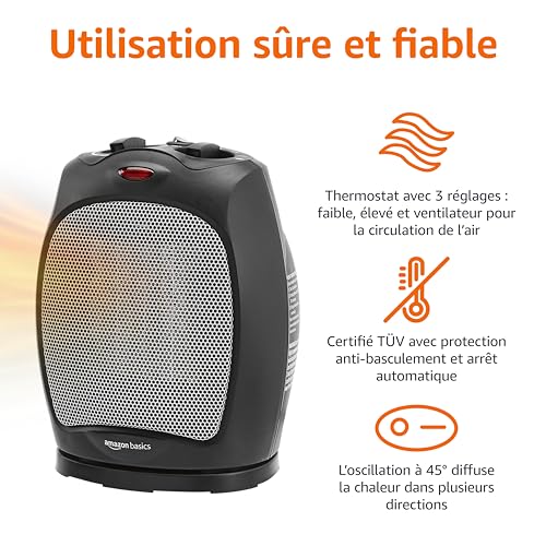 Detalle de Amazon Basics Radiateur soufflant céramique pivotant 1 800 W, noir