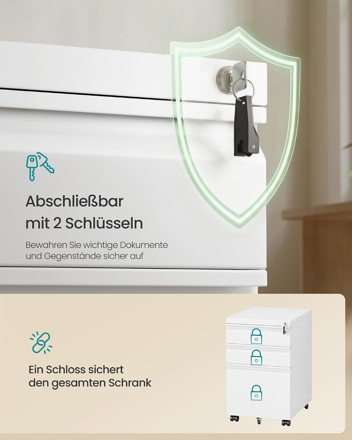 Thumbnail 6 de SONGMICS OFC033W101 Büroschrank mit 3 Schubladen, Stahlgestell, mattweiß – Rollcontainer mit Druckerhalter