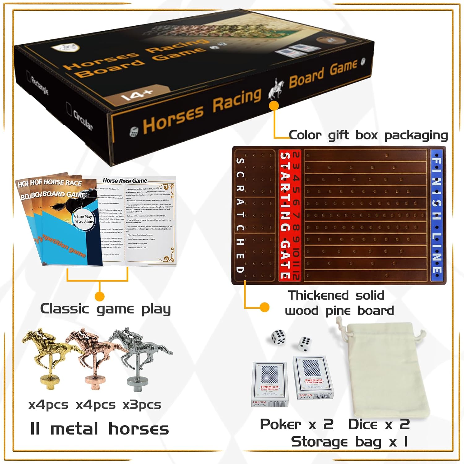 Thumbnail 4 de Jyquorp Metal Horse Race Board Game – Walnut, Thick Solid Wood Racing Set with 11 Metal Horses