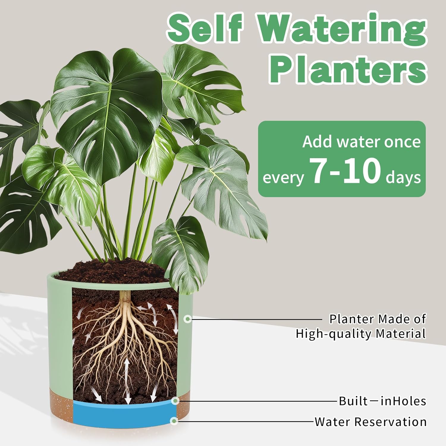 Thumbnail 3 de CSYY Indoor Plant Pots: Self-Watering, Plastic, with Drainage Holes and Tray (Green) – 7/6.5/6/5/4