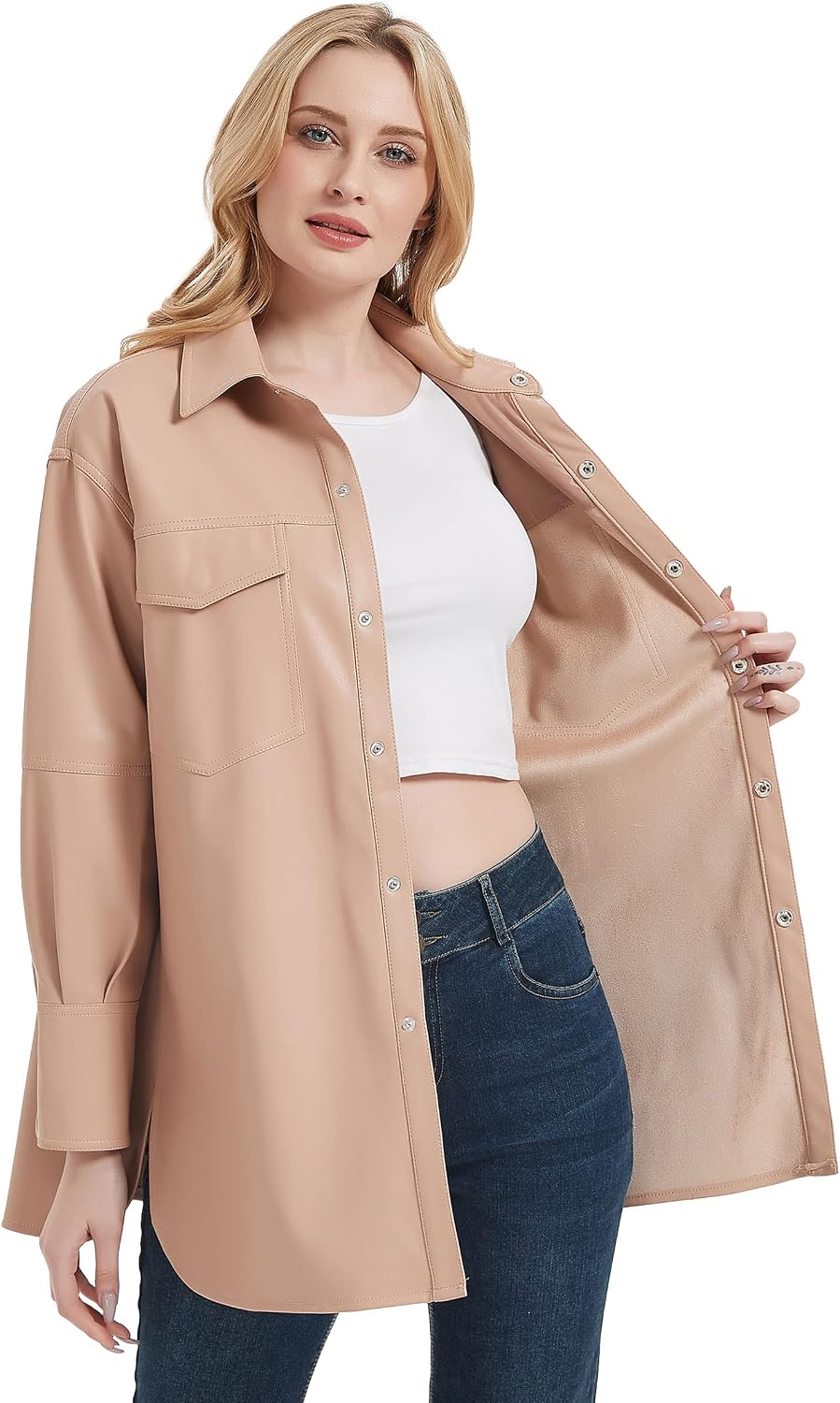 Detalle 2 de RISISSIDA Women's Faux Leather Shacket with Brushed Lining and Chest Pockets