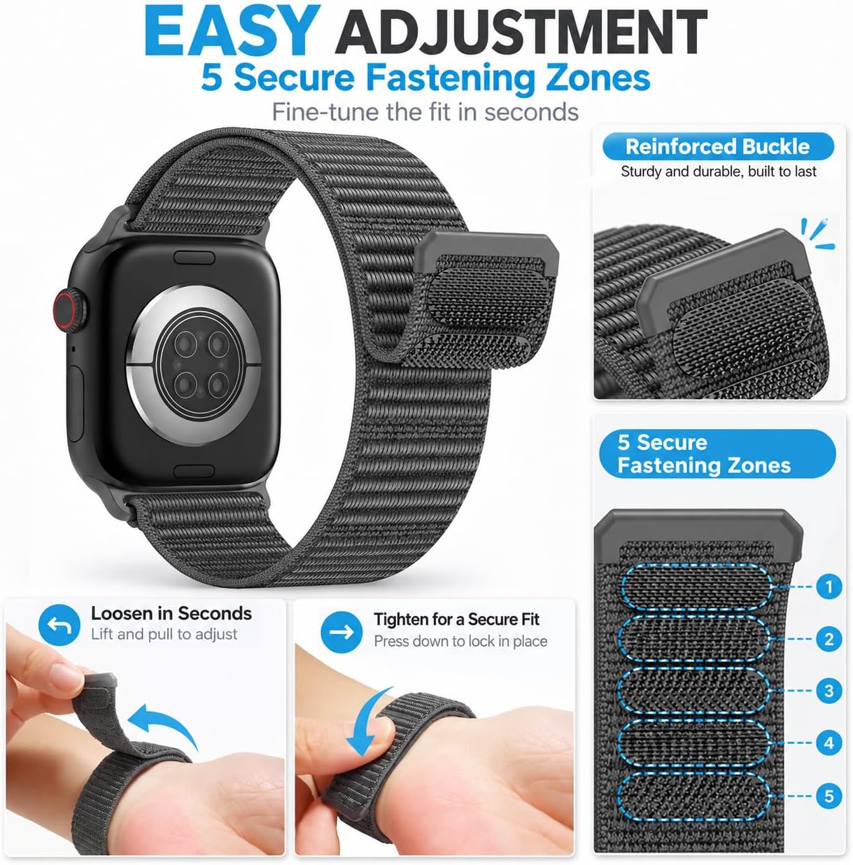 Detalle 2 de JNN Nylon Sport Loop Apple Watch Band, Recycled Nylon, Adjustable Hook-and-Loop