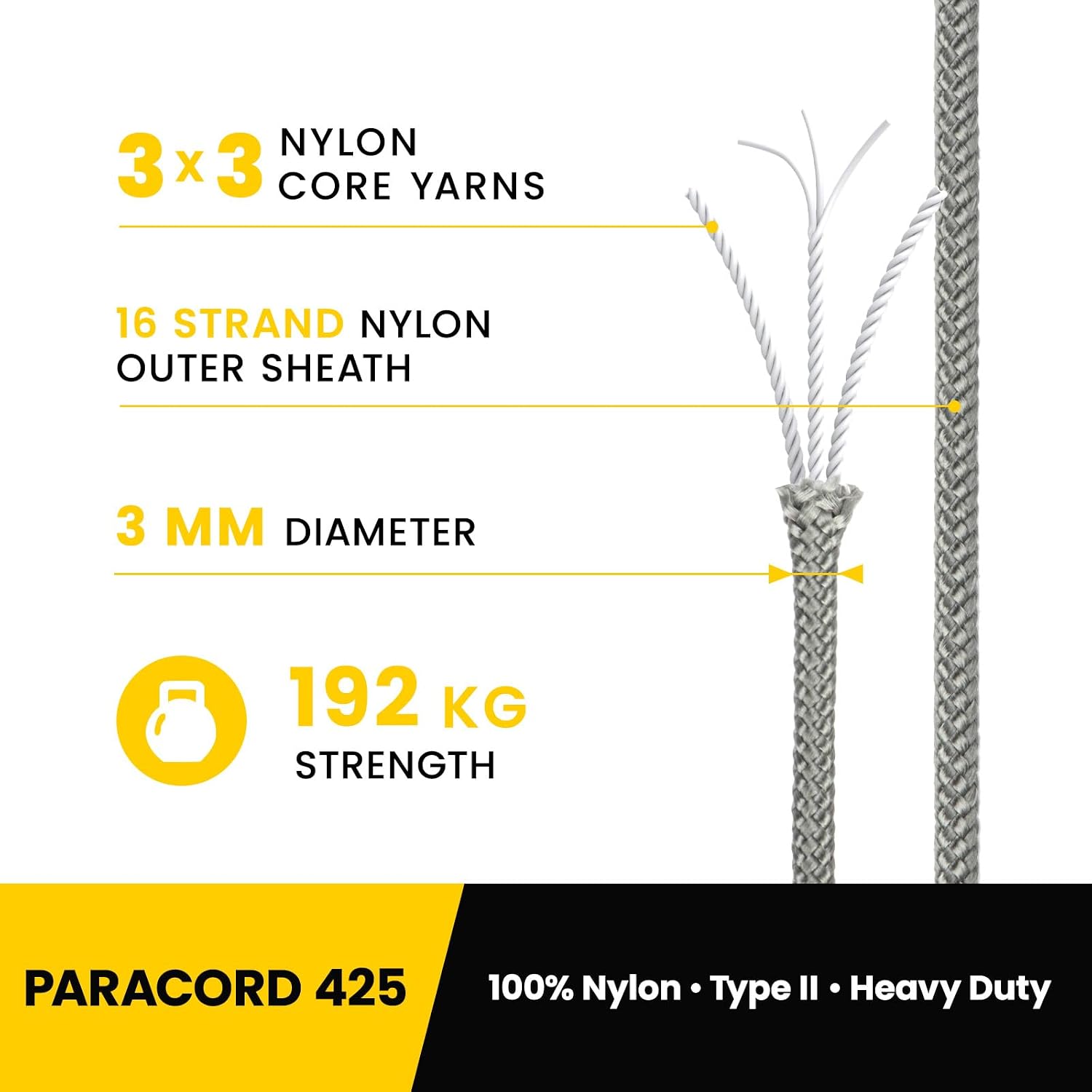Detalle de Kamu Synber Paracord 3mm x 100m Paracord 425 – 100% Nylon, Tragkraft 192 kg, UV‑beständig, 100 m Spule