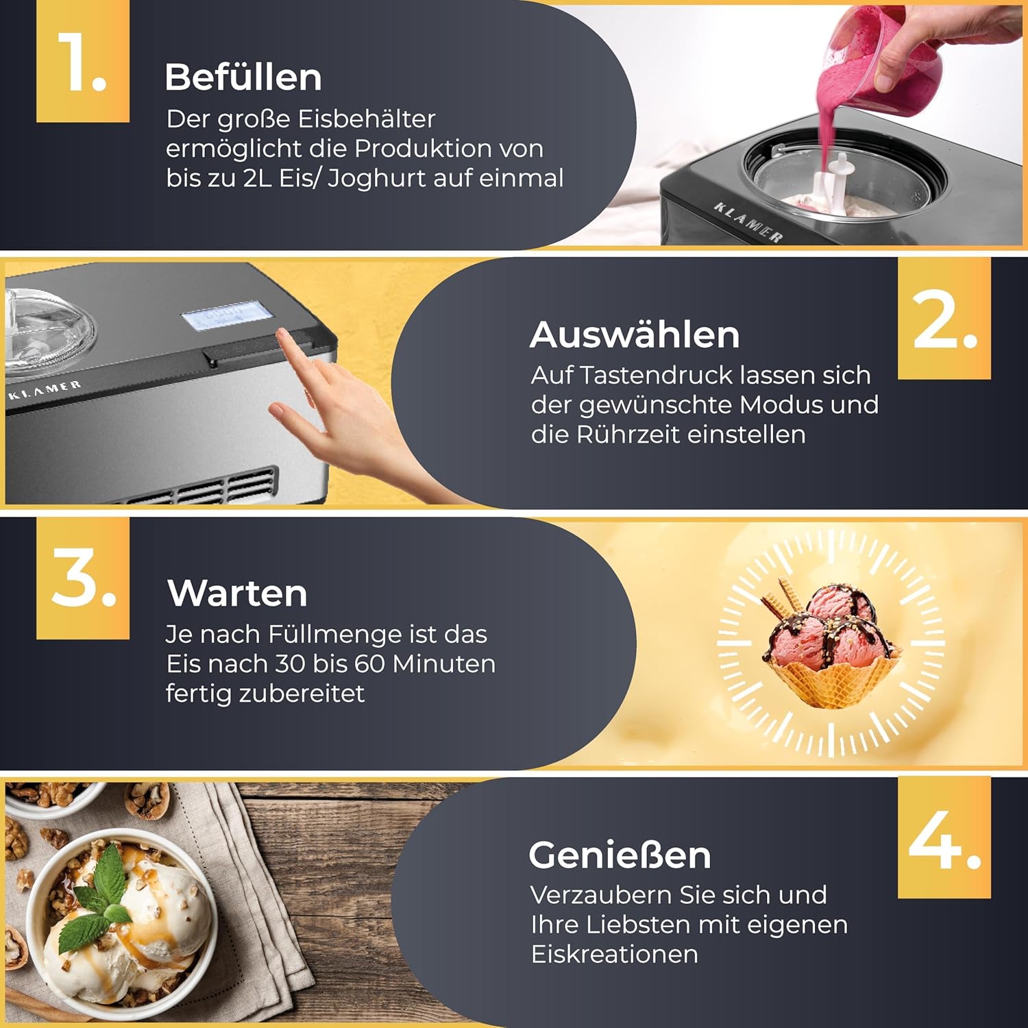 Thumbnail 4 de KLAMER 2-in-1 Eismaschine & Joghurtbereiter 2 L (180 W) aus Edelstahl mit Kühl- und Heizfunktion