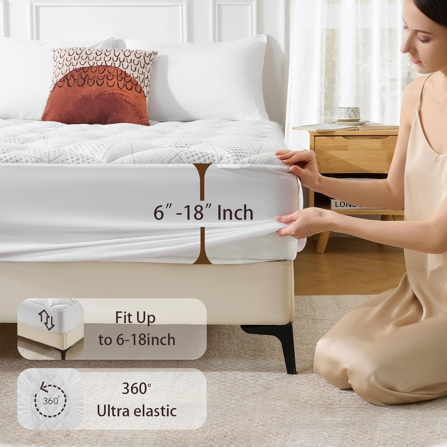 Detalle de Vomiliku Queen Size Thick Quilted Mattress Topper with Bamboo Viscose and Deep Pockets (60x80)