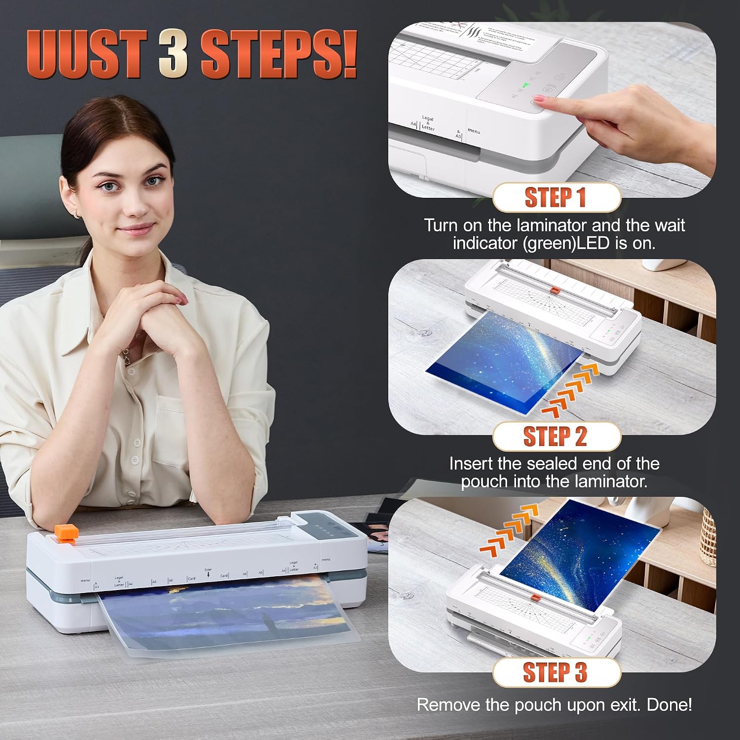 Detalle 2 de 13" 4-Roller Commercial Laminator Machine (3-10 Mil) with 11x17/A3 Support