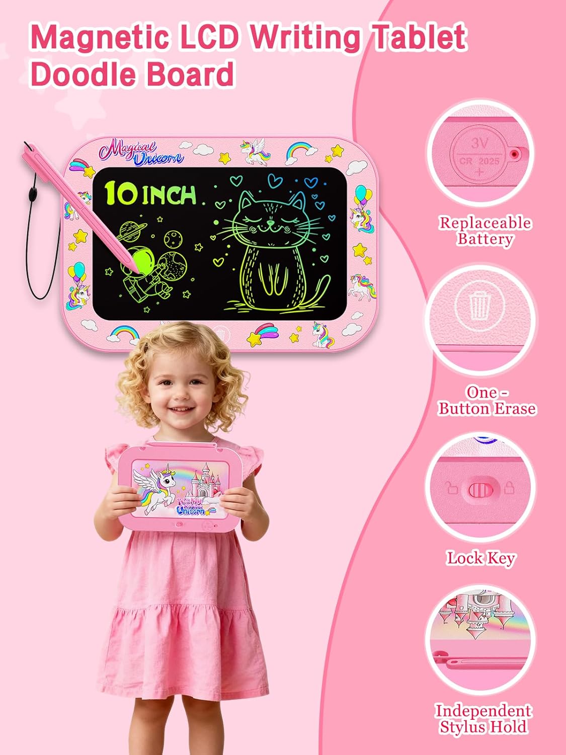 Detalle 2 de UZAHSK 2 Pack 10 Inch Colorful LCD Writing Board for Kids (Purple & Pink) – Reusable Doodle Boards