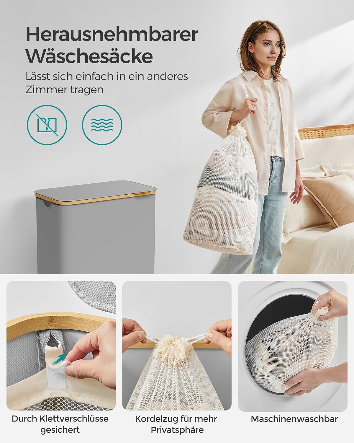 Thumbnail 4 de SONGMICS Wäschekorb mit Deckel, 2 Fächer, 130 L, Oxford-Gewebe, 52 × 38,5 × 70,5 cm – taubengrau (LCB513G01)