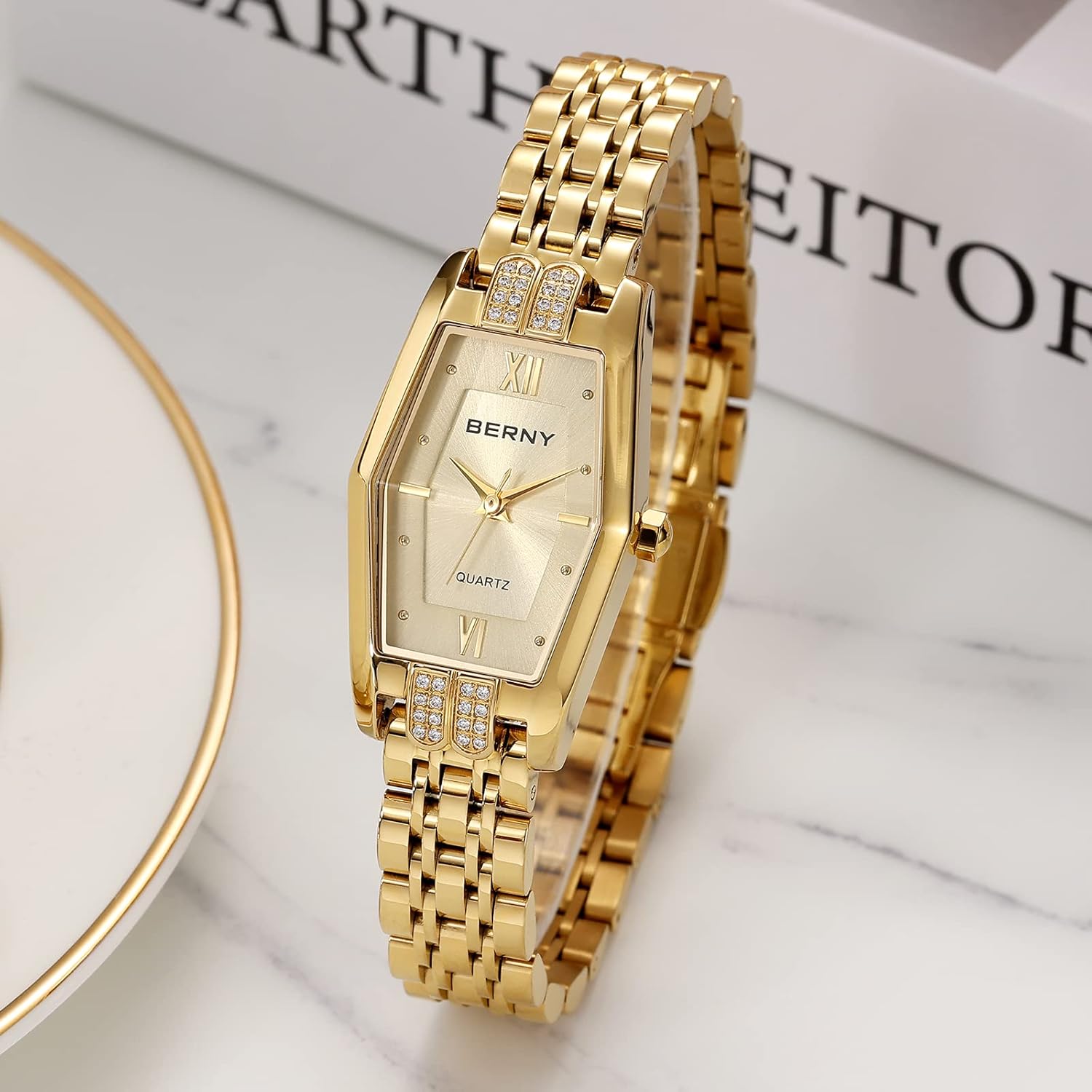 Detalle 2 de BERNY Gold Uhr Hexagon Damen Analoguhr