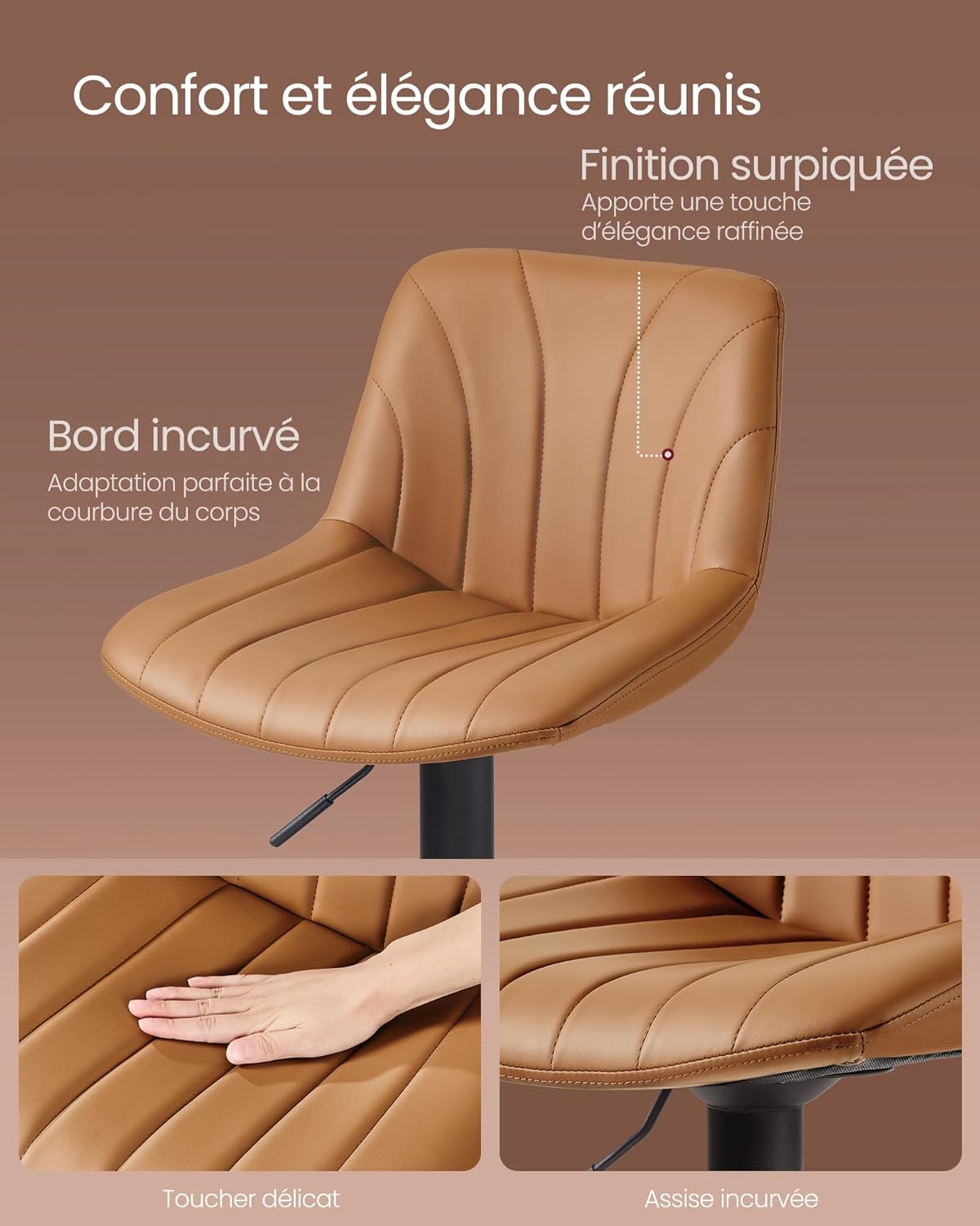 Thumbnail 5 de VASAGLE lot de 2 tabourets de bar avec dossier PU, hauteur réglable 60–80 cm et rotation 360° (LJB181KN01) marron caramel