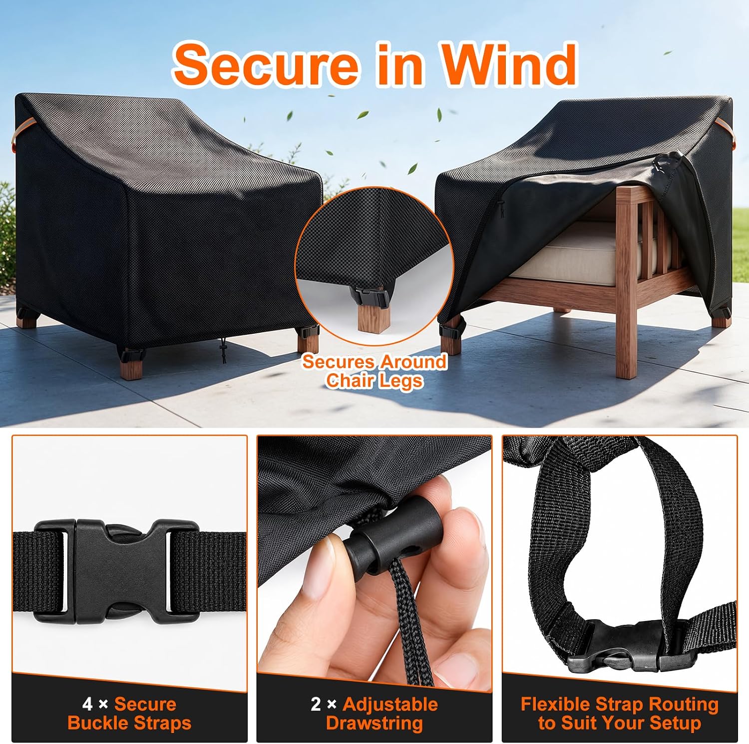 Detalle 1 de TTAJJUNK Patio Chair Cover-2 Pack, 600D Waterproof Covers with Windproof Fastenings