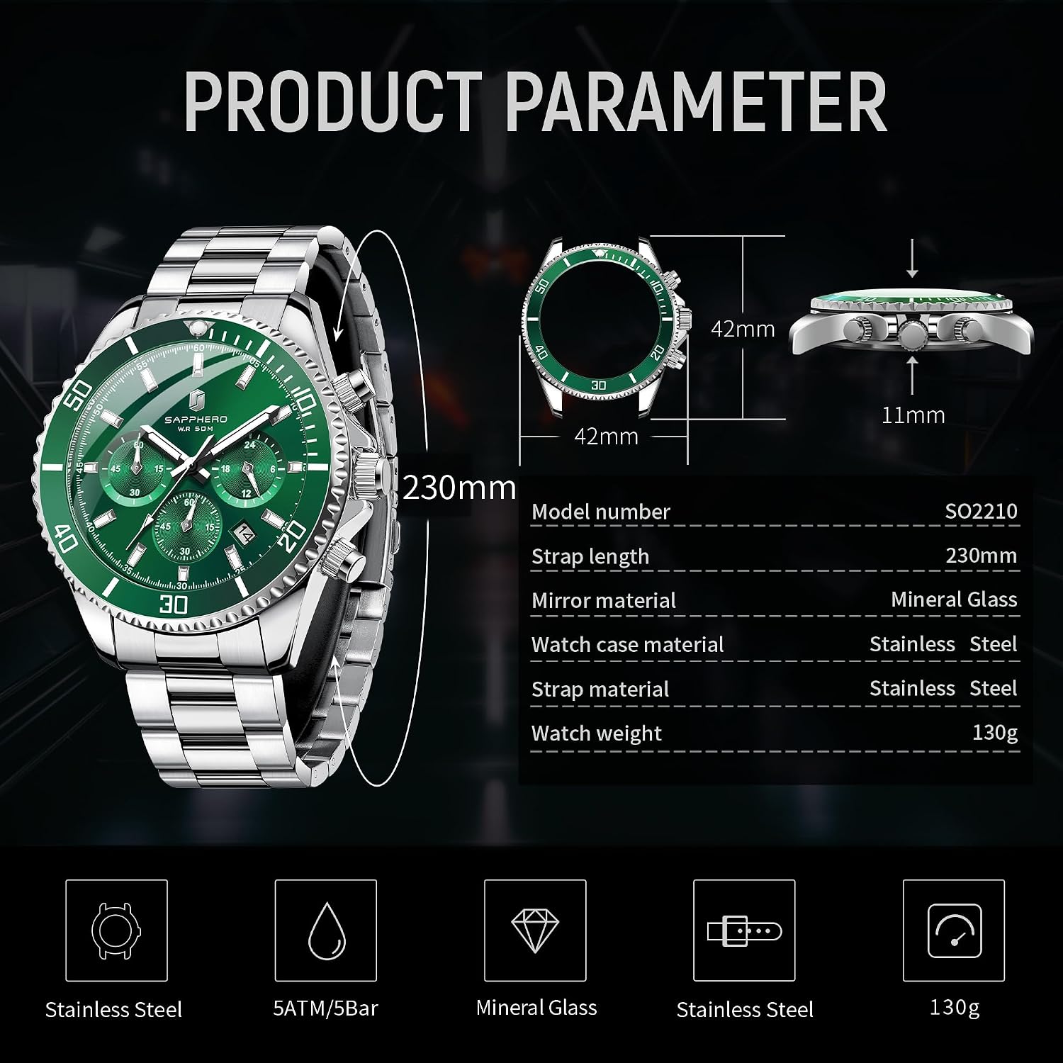 Detalle de SAPPHERO Herrenuhr Chronograph Analog Quarz 50M – Edelstahl, 42 mm Zifferblatt, Kalender, Geschenkidee
