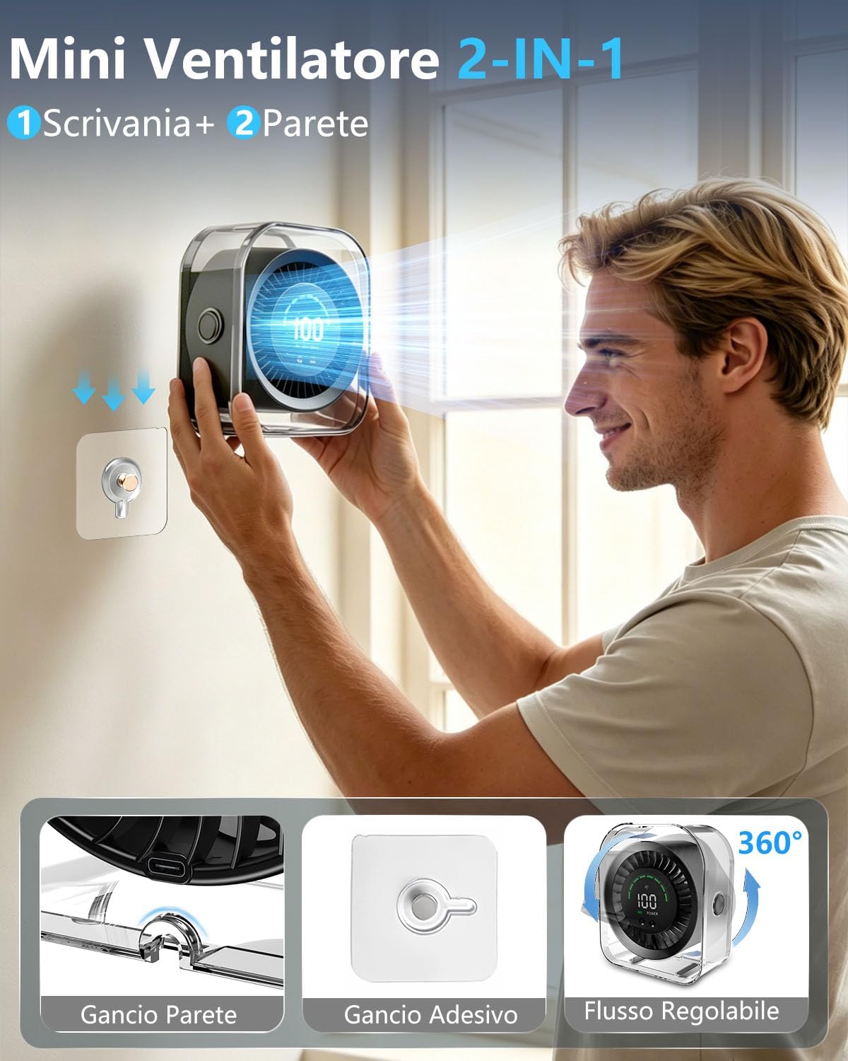 Thumbnail 4 de Ventilatore da Tavolo Silenzioso con Rotazione 360° e Display LED – 4000mAh, Regolazione Continua 1–100, Autonomia fino a 17 Ore