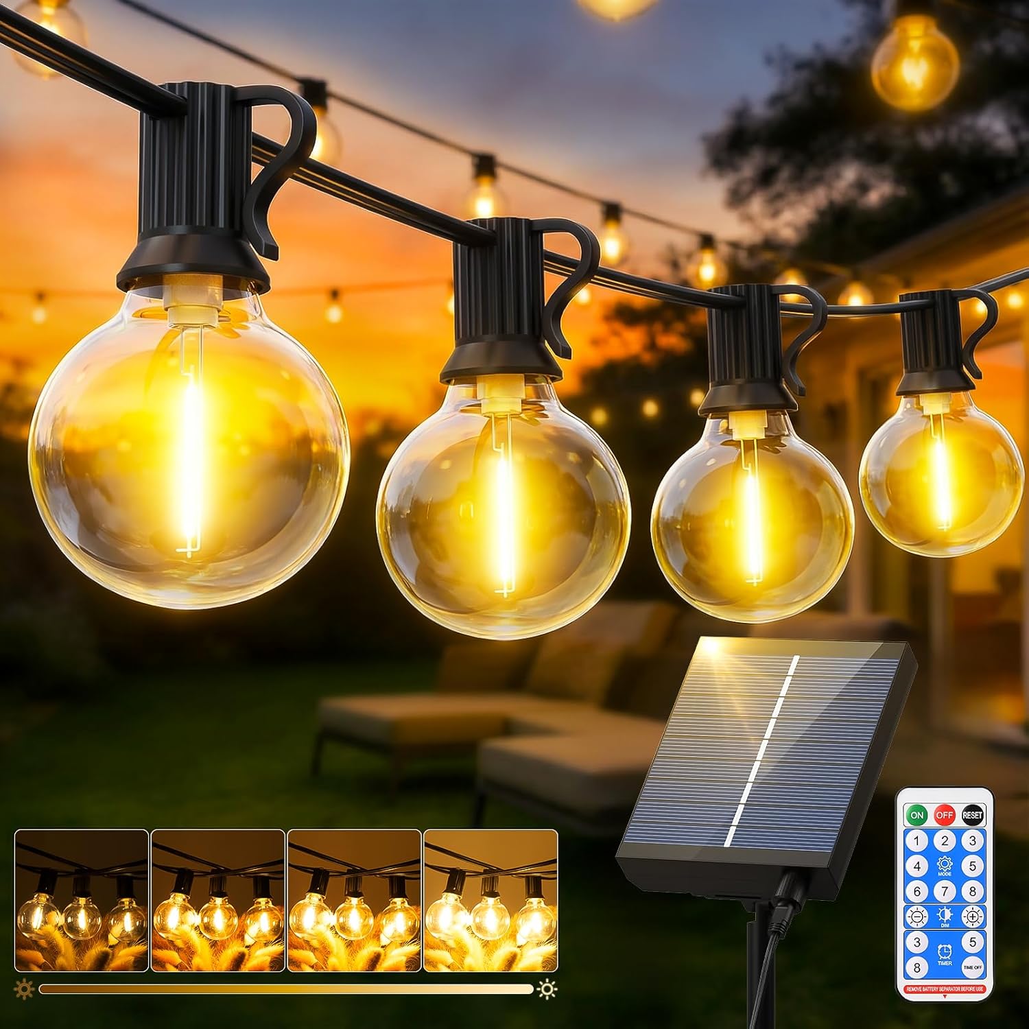 Detalle de FGRYB Solares Guirnalda Luces Exterior Jardin 15M con Control Remoto, 20 Bombillas G40 IP65