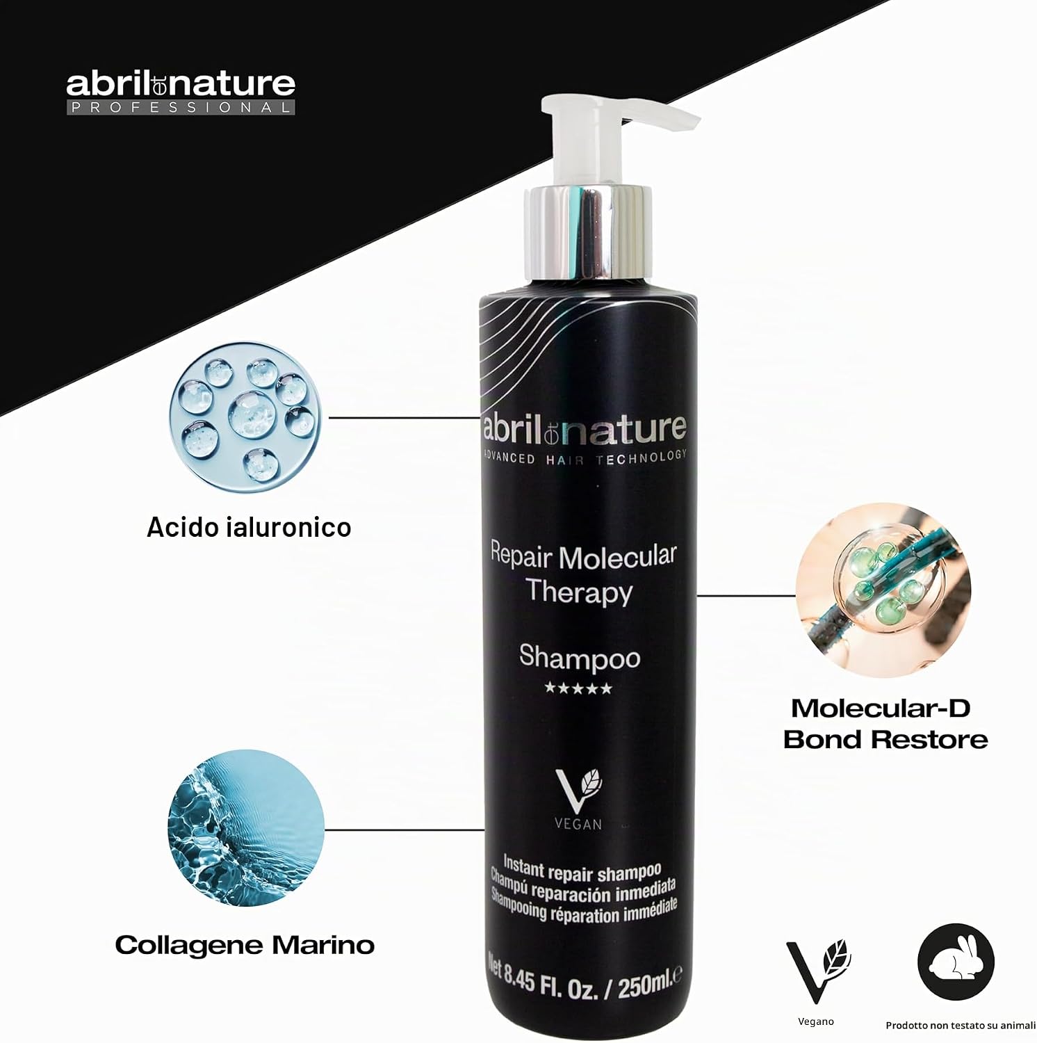 Detalle de abril et nature - Shampoo Professionale Molecular Therapy per Capelli Danneggiati, 250 ml
