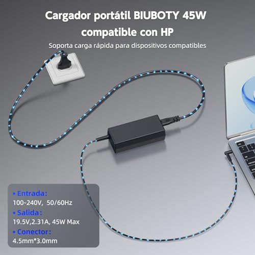Detalle de BIUBOTY cargador para portátil HP de 45 W, 19,5 V y conector 4,5 × 3,0 mm