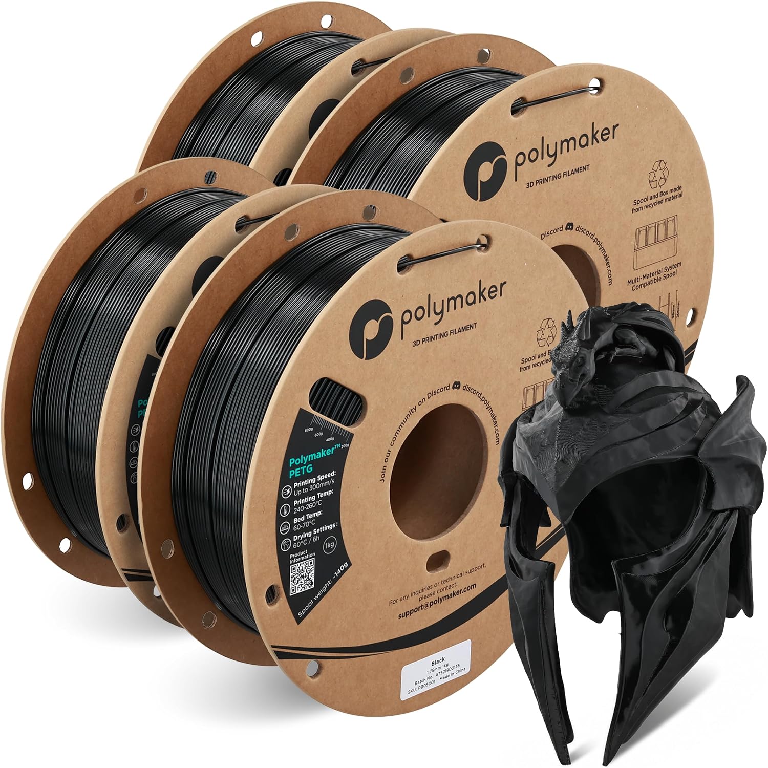 Detalle de Polymaker PETG 3D Printer Filament, 1.75mm, 4 kg Bundle, Black, Up to 500mm/s
