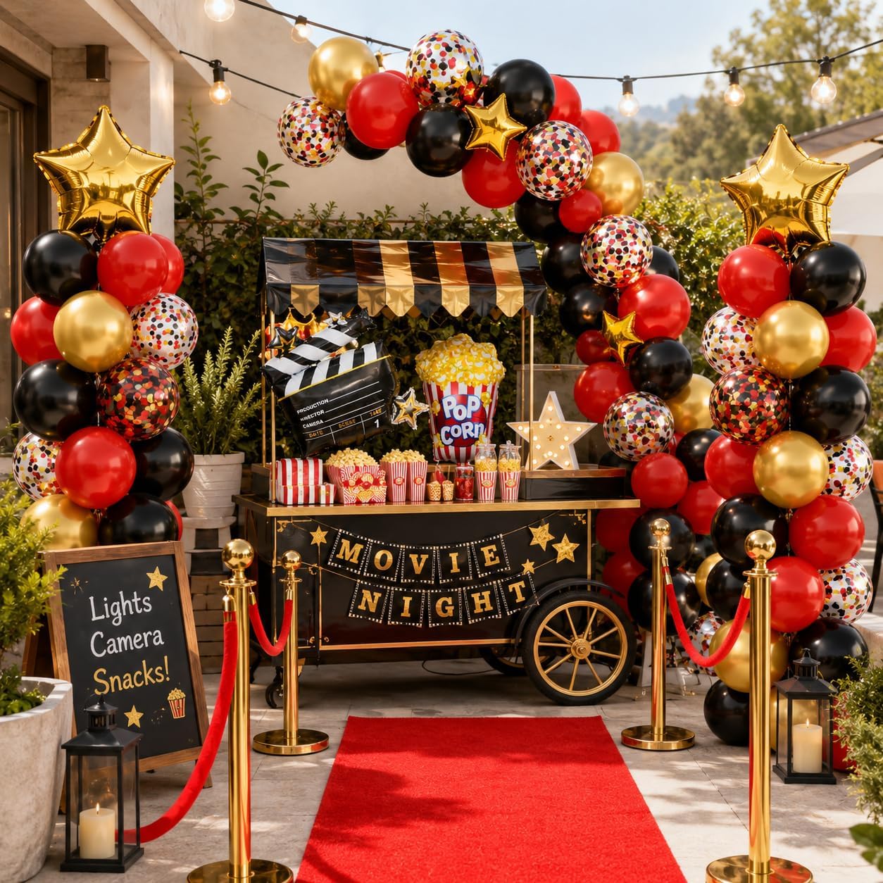 Detalle de Movie Night Party Balloons (35 pcs) Red, Black & Gold Confetti with Film Clapboard & Pop Corn Foil Balloon