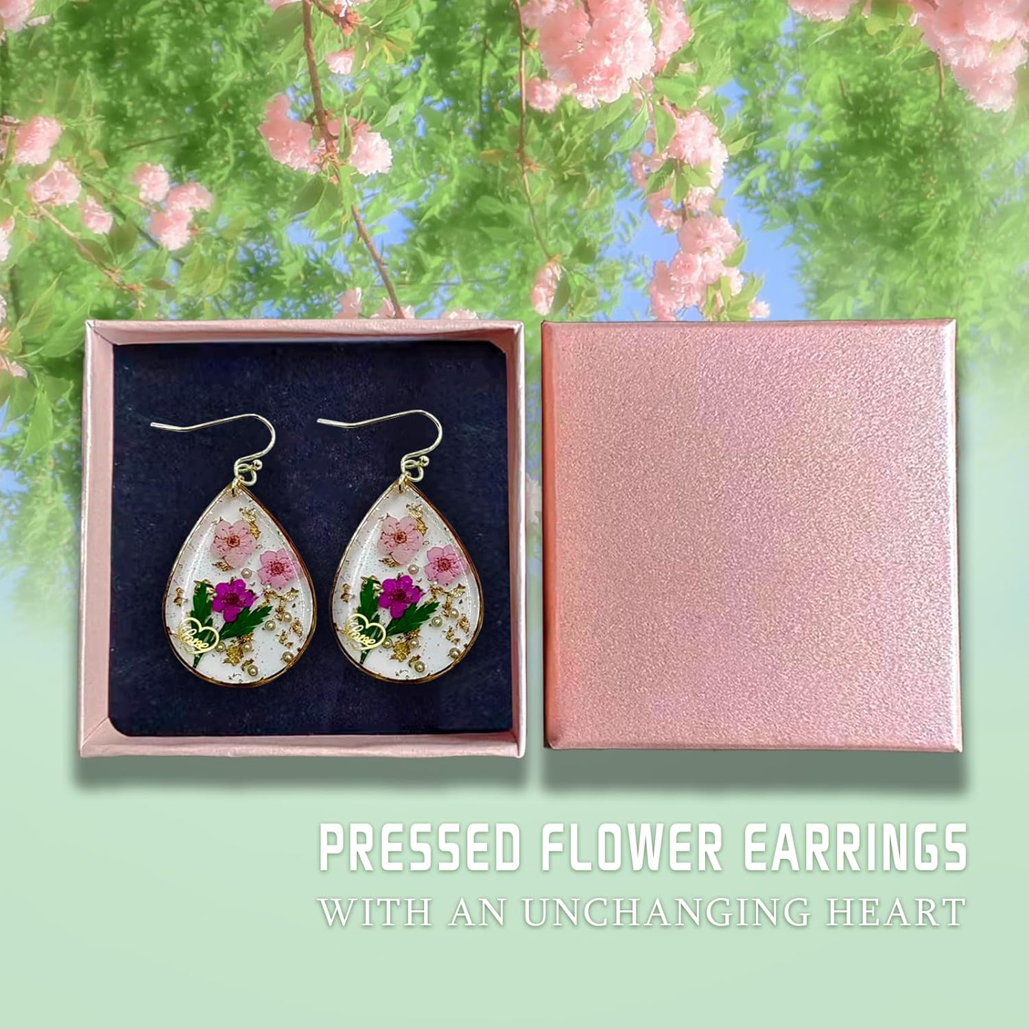 Detalle 2 de Pressed Flower Earrings for Women – Resin Drop Dangle with Real Preserved Flowers