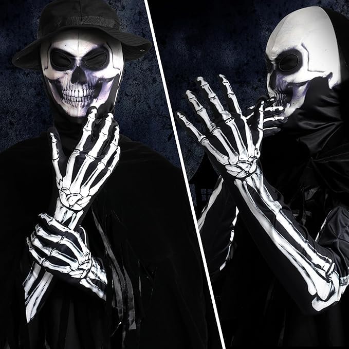 Detalle 2 de WTACTFUL Skeleton Gloves, 3D Skull Print Long-Arm Halloween Costume