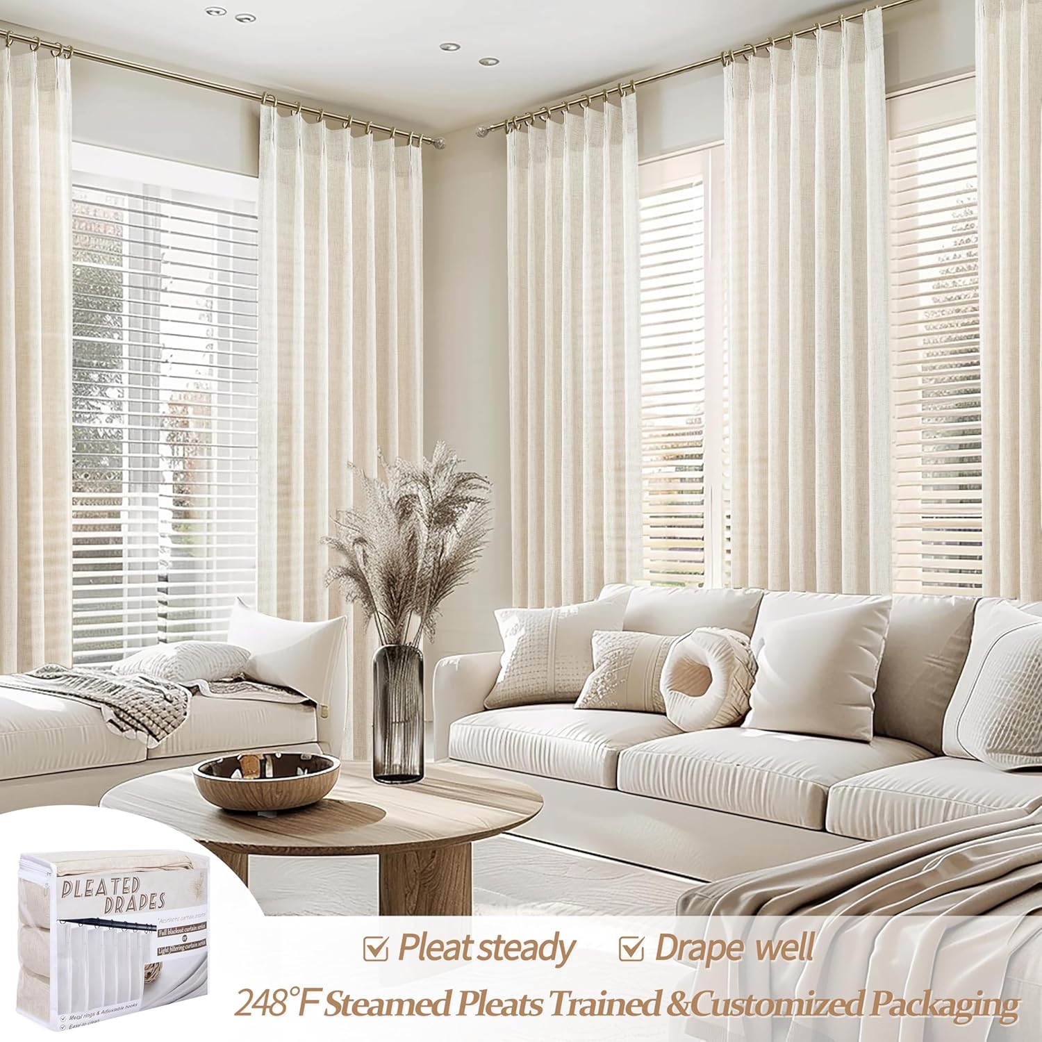 Thumbnail 6 de Pinch Pleated Linen Curtains 96 in Light-Filtering Drapes 🪟