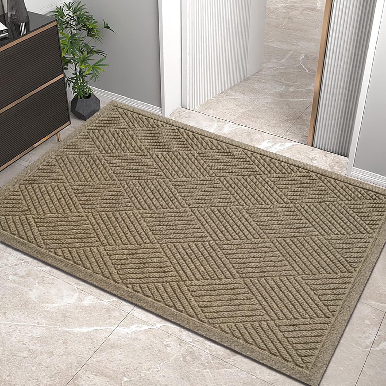 Detalle de HIYARD 36×24 Beige Front Door Mat, Low-Profile with Non-Slip Rubber Backing