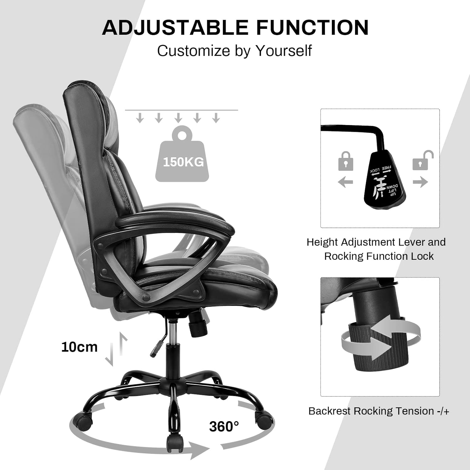 Thumbnail 4 de BASETBL Executive Office Chair: High Back Ergonomic PU Leather Chair with Height Adjustment