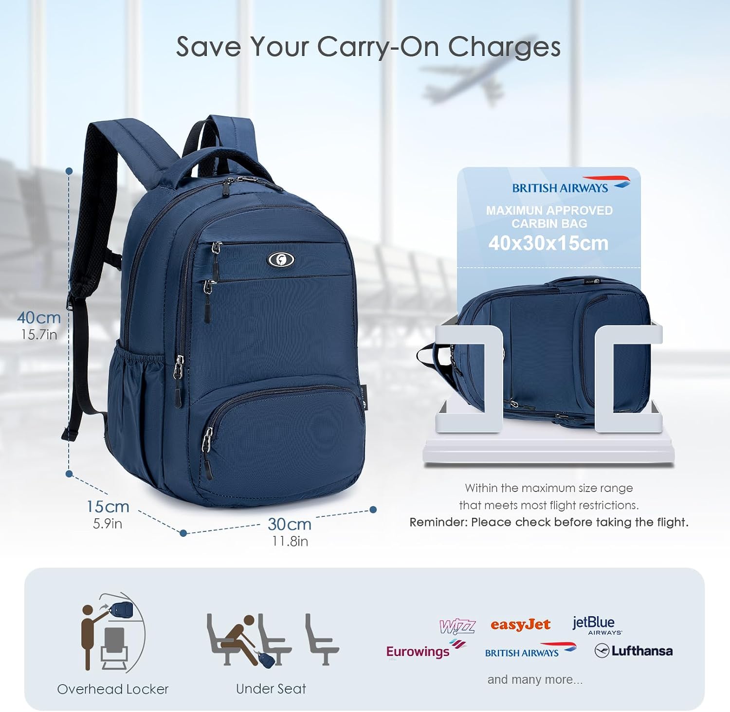 Detalle de SPAHER Small Cabin Bag 40x30x15: British Airways Under-seat Travel Backpack