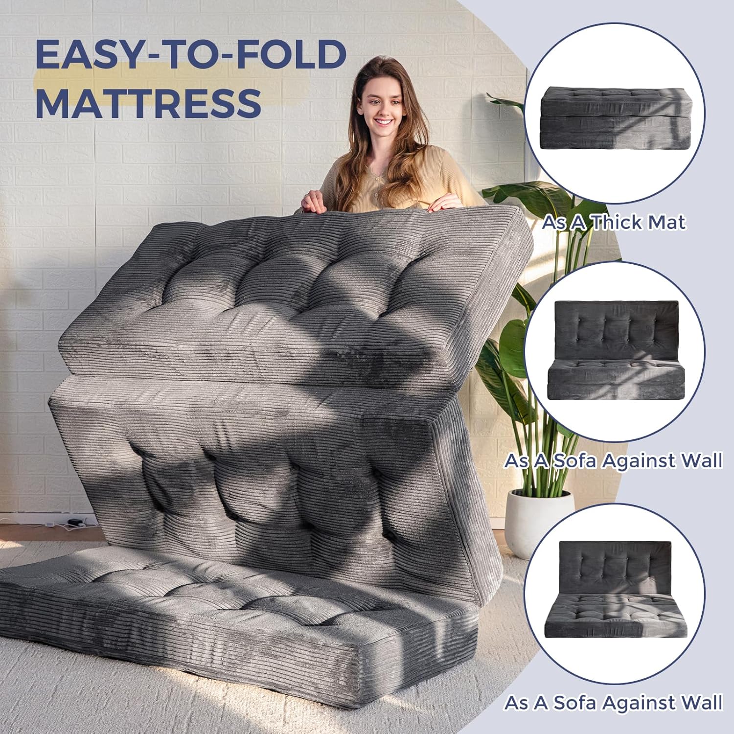 Detalle de MAXYOYO Folding Mattress: Comfy Corduroy Tri-Fold King Bed for Guests