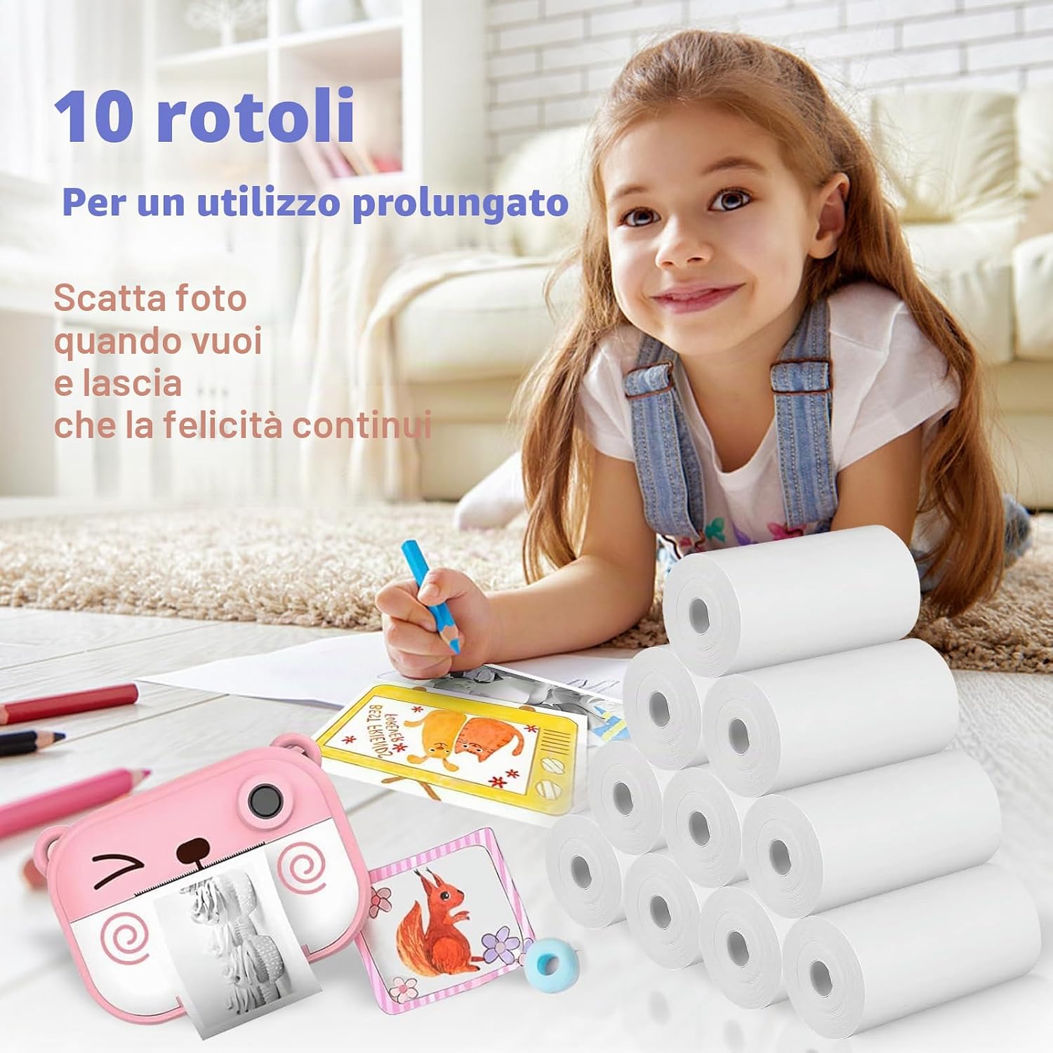 Detalle de 10 rotoli carta termica 57x30 mm per mini stampanti e fotocamere istantanee per bambini (bianca, BPA free)