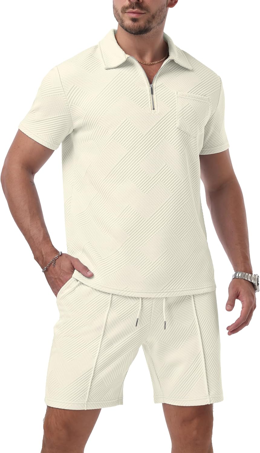 Detalle de QIXING men’s shorts and T-shirt polo set with half-zip (2-piece summer co-ord)