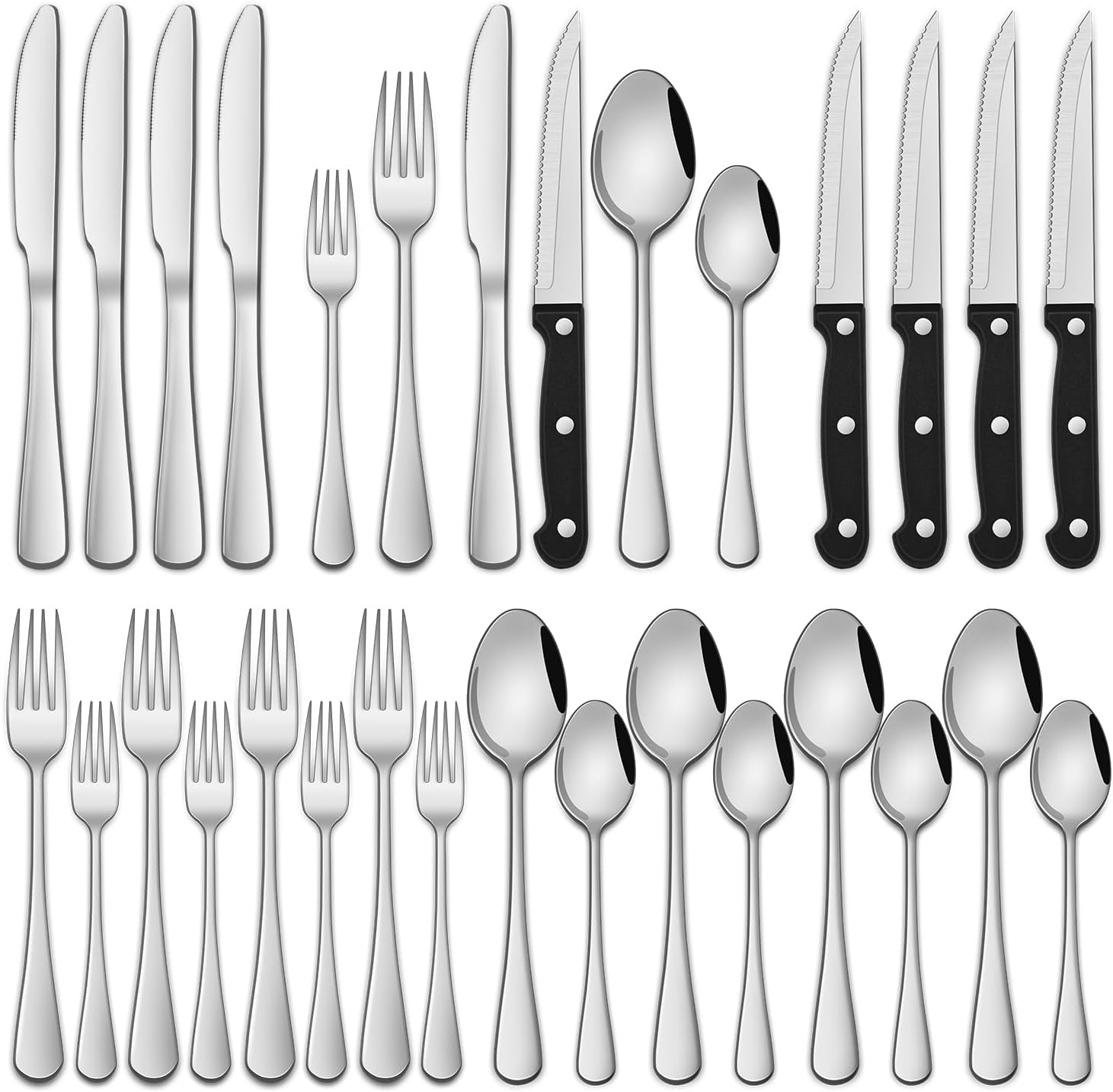 Detalle de Dehov T1010 24-Piece Stainless Steel Flatware Set with Steak Knives