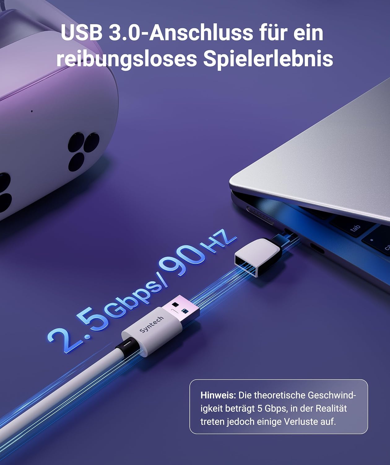 Detalle de Syntech Link Kabel 5 m/16 ft – 2‑in‑1 USB-A/USB-C VR‑Kabel für Meta Quest 3S/3/2/Pro und Pico 4