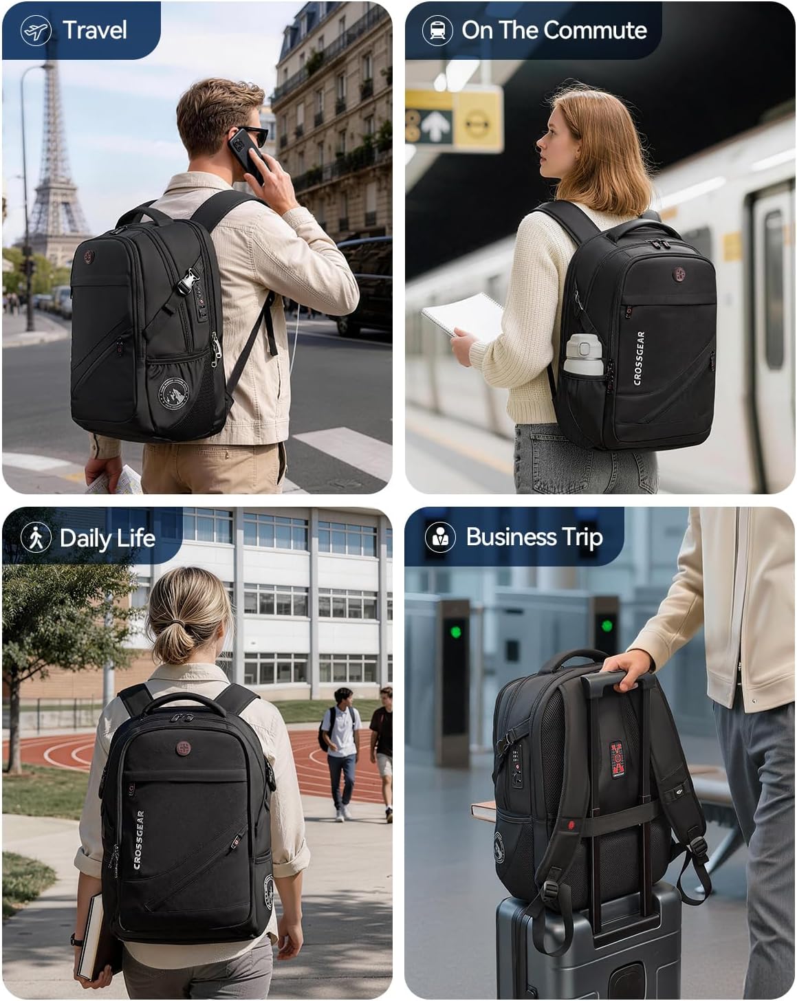 Thumbnail 6 de CROSSGEAR 17.3" Laptop Backpack with Anti-Theft Lock, Waterproof Travel Bag (USB-A & USB-C Charging) – Black