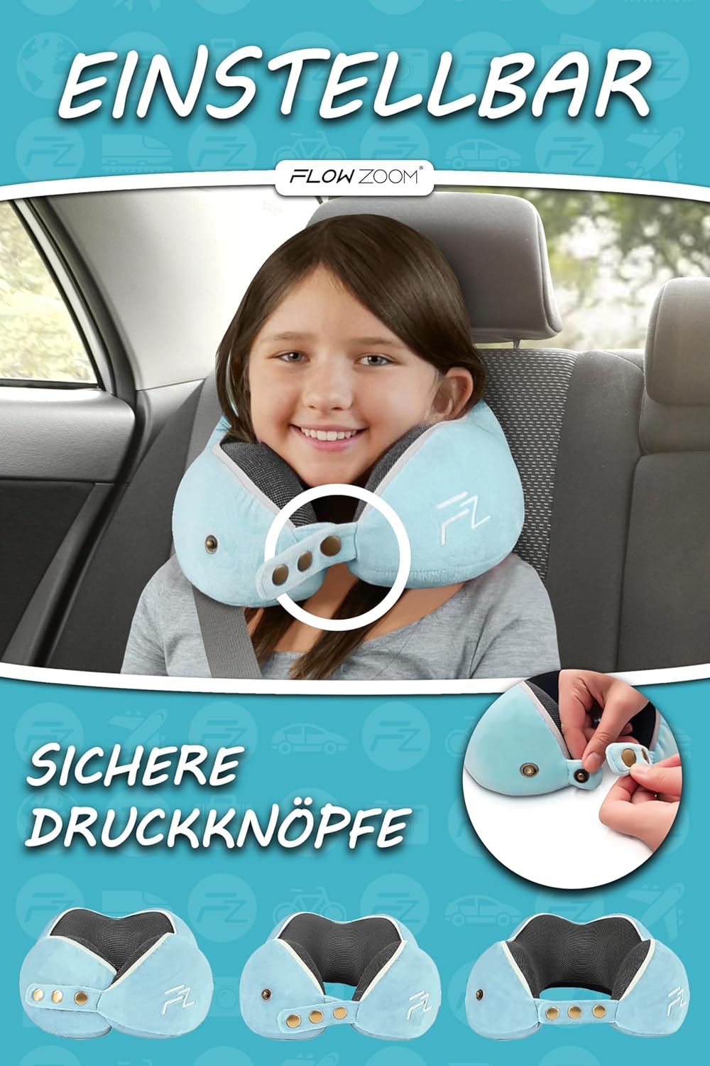 Thumbnail 2 de FLOWZOOM Nackenkissen für Kinder ab 6 Jahren (Größe M) – einstellbares Memory-Foam-Nackenhörnchen mit waschbarem Bezug