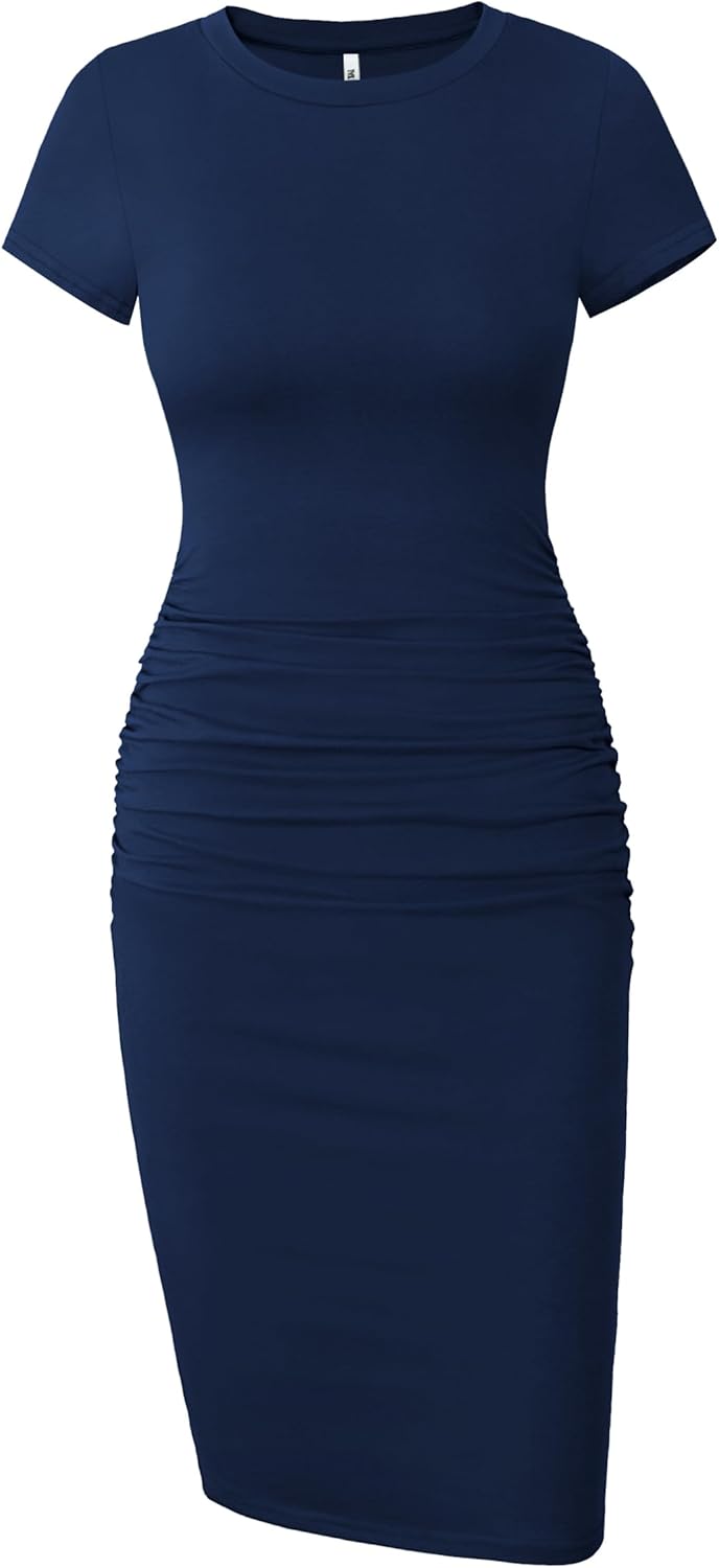 Detalle de Missufe Women's Short Sleeve Ruched Casual Sundress Midi Bodycon T Shirt Dress