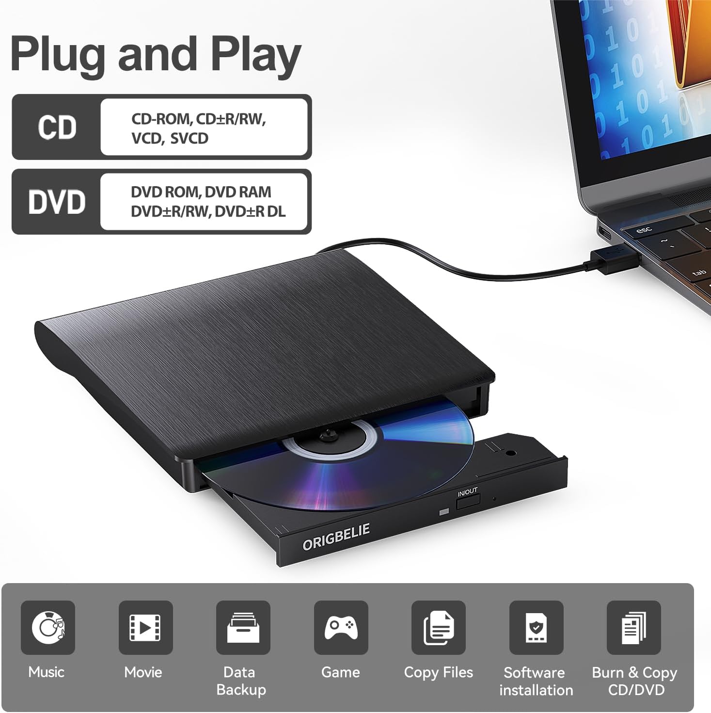 Thumbnail 1 de ORIGBELIE Lector CD DVD Externo USB 3.0 📀