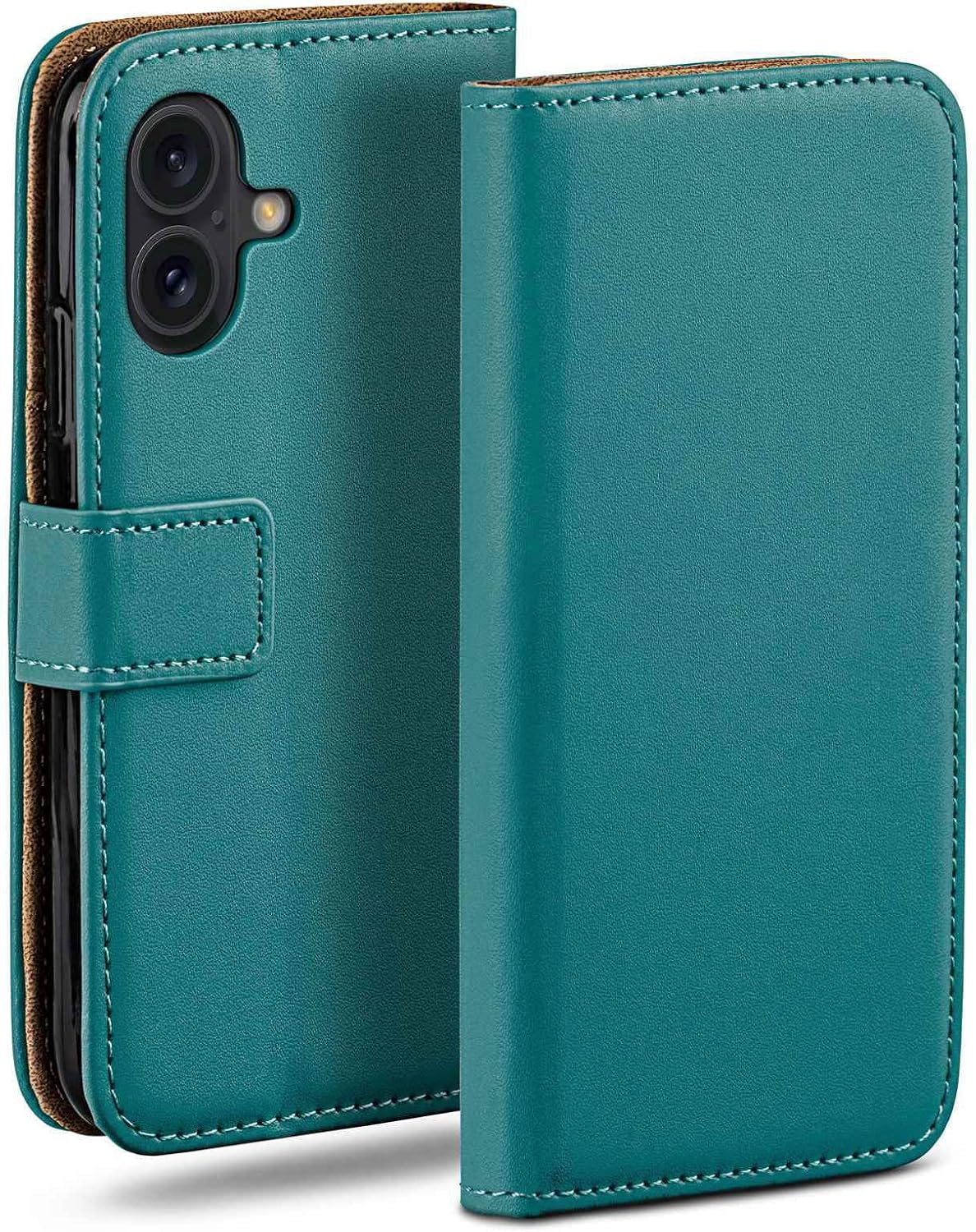 moex Étui de protection à rabat pour iPhone 16 — portefeuille durable avec compartiment pour cartes, pliable à 360° et finition cuir synthétique bleu pétrole