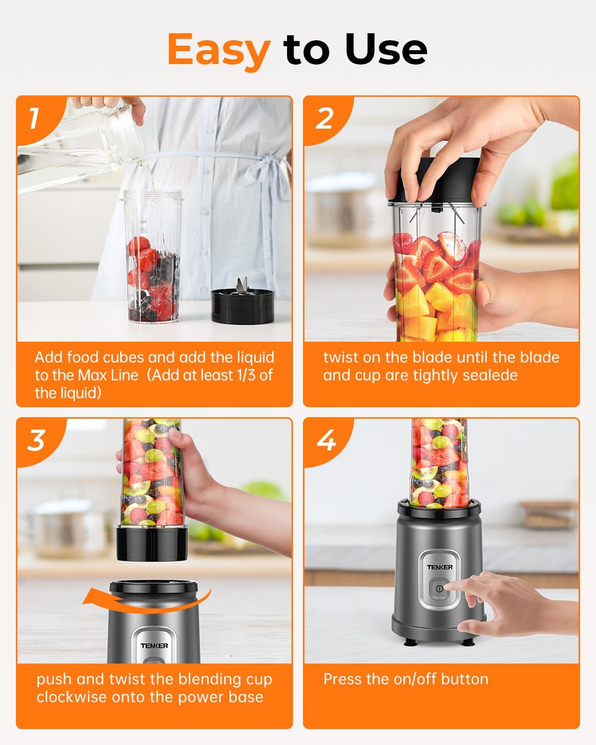 Thumbnail 4 de TENKER Smoothie Blender Personal Size with 2 x 650ml Cups and Grinding Cup