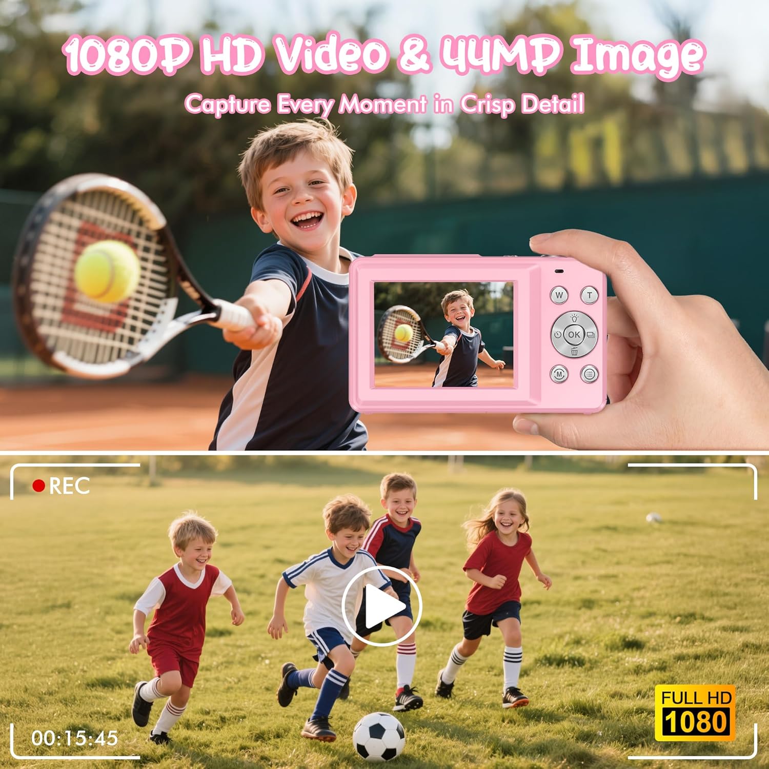 Thumbnail 1 de Fotocamera digitale 1080P 44MP per vlogging bambini e ragazzi con schermo 2,4" e zoom 16X (anti-shake, rosa)