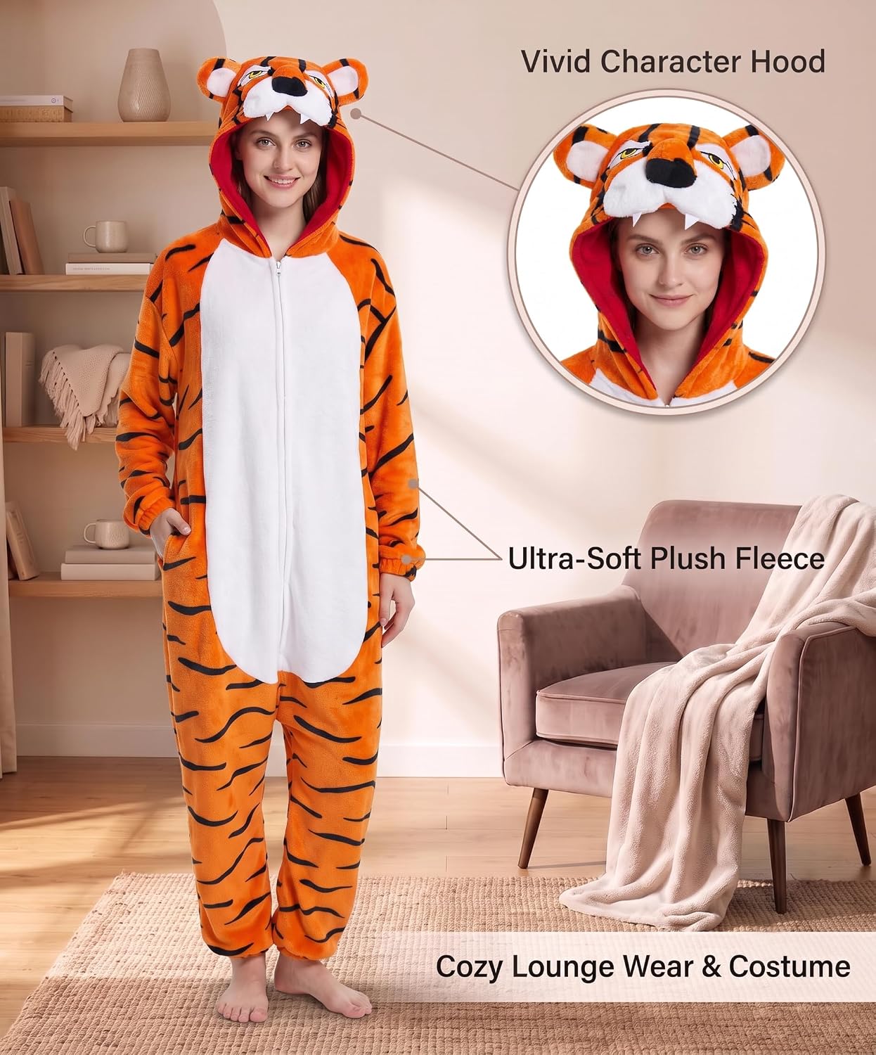 Detalle 2 de Hundredmore Adult Animal Onesie Pajamas, Plush One-Piece with Hood and Pockets
