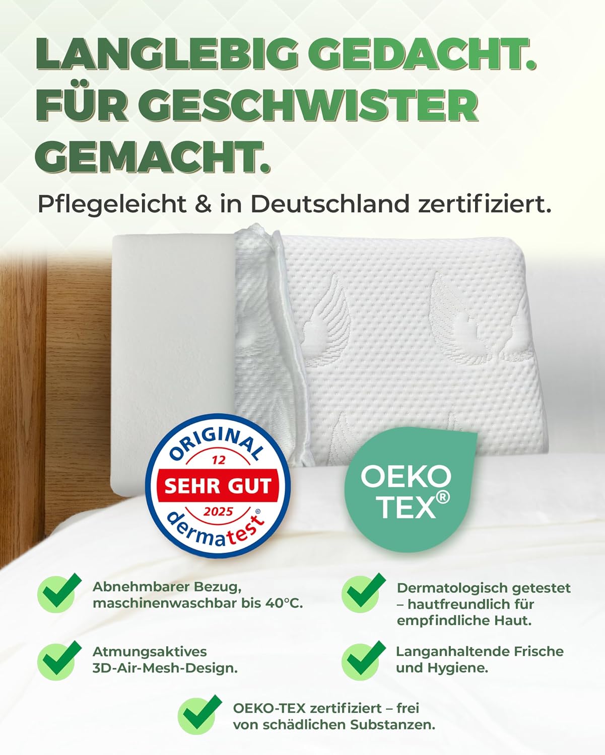 Detalle de Welldora Kinderkissen Memory Foam 30x50 cm – mitwachsendes ergonomisches Kopfkissen für Kinder (2–8+ Jahre) mit 3D-Tencel-Bezug