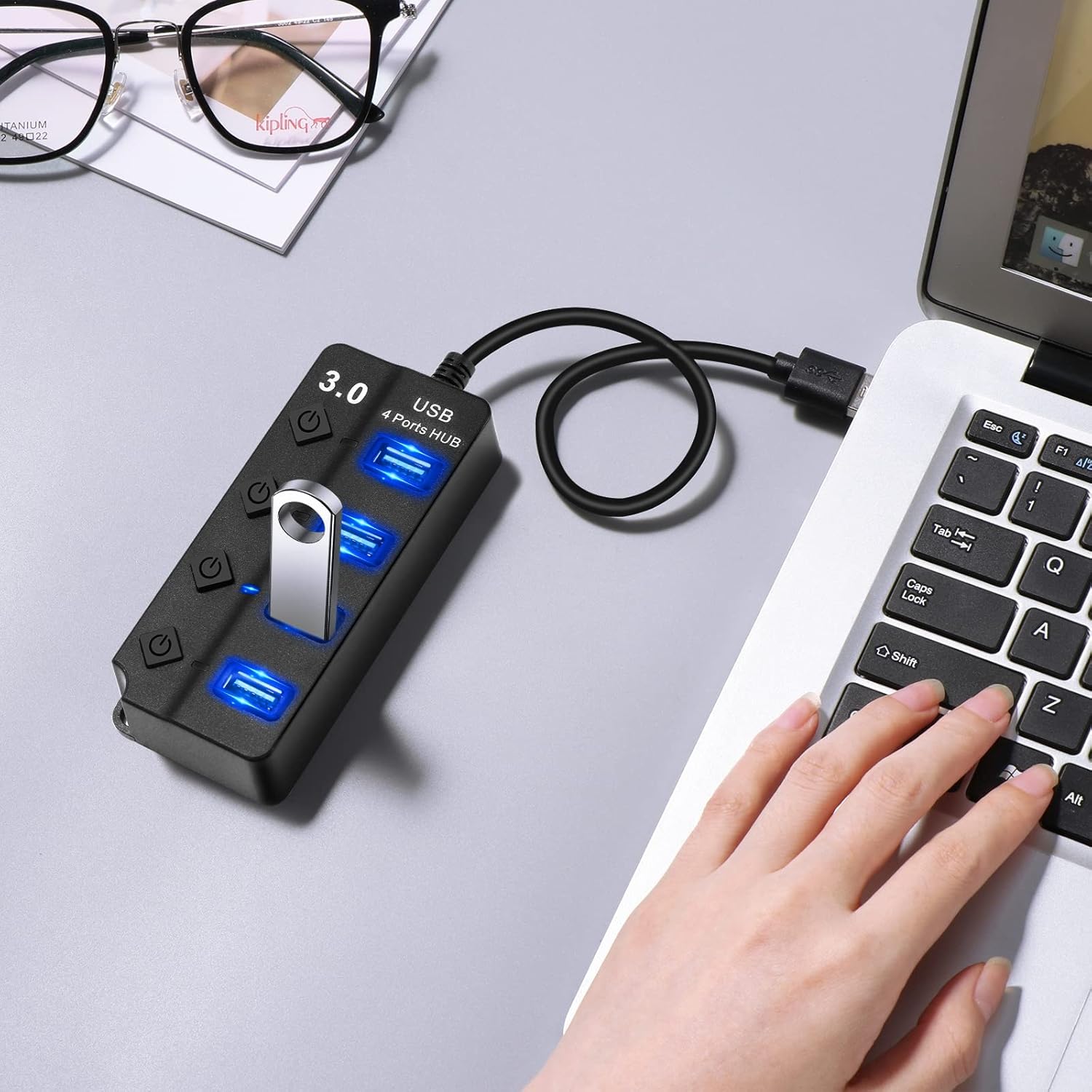 Thumbnail 6 de Hoppac USB Hub 4 in1: Hub USB con interruttore separato e LED, 1 porta USB 3.0 + 3 USB 2.0