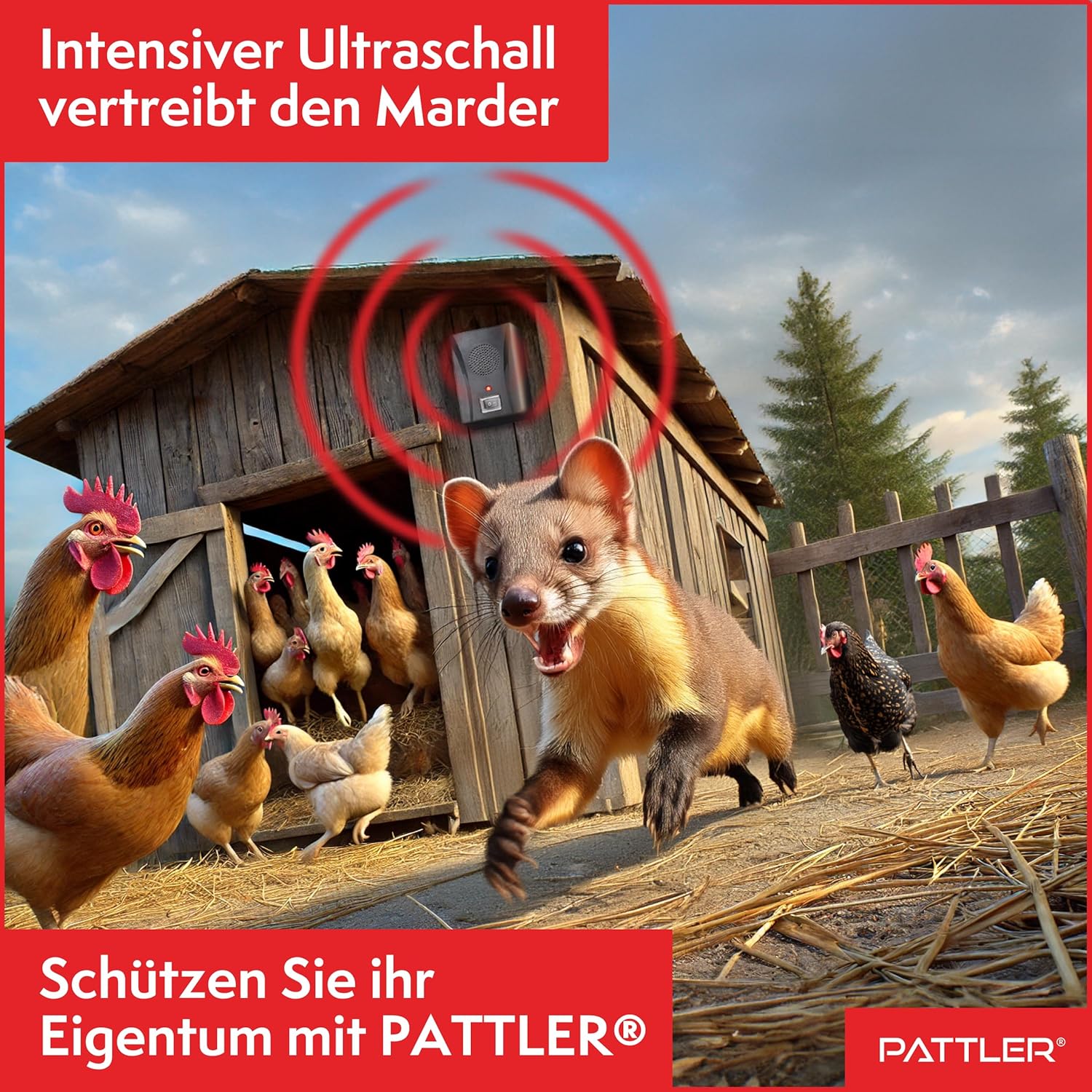 Detalle de PATTLER® Marderschreck Auto batteriebetrieben – Ultraschall & Anti-Gewöhnungseffekt für ca. 40 m²