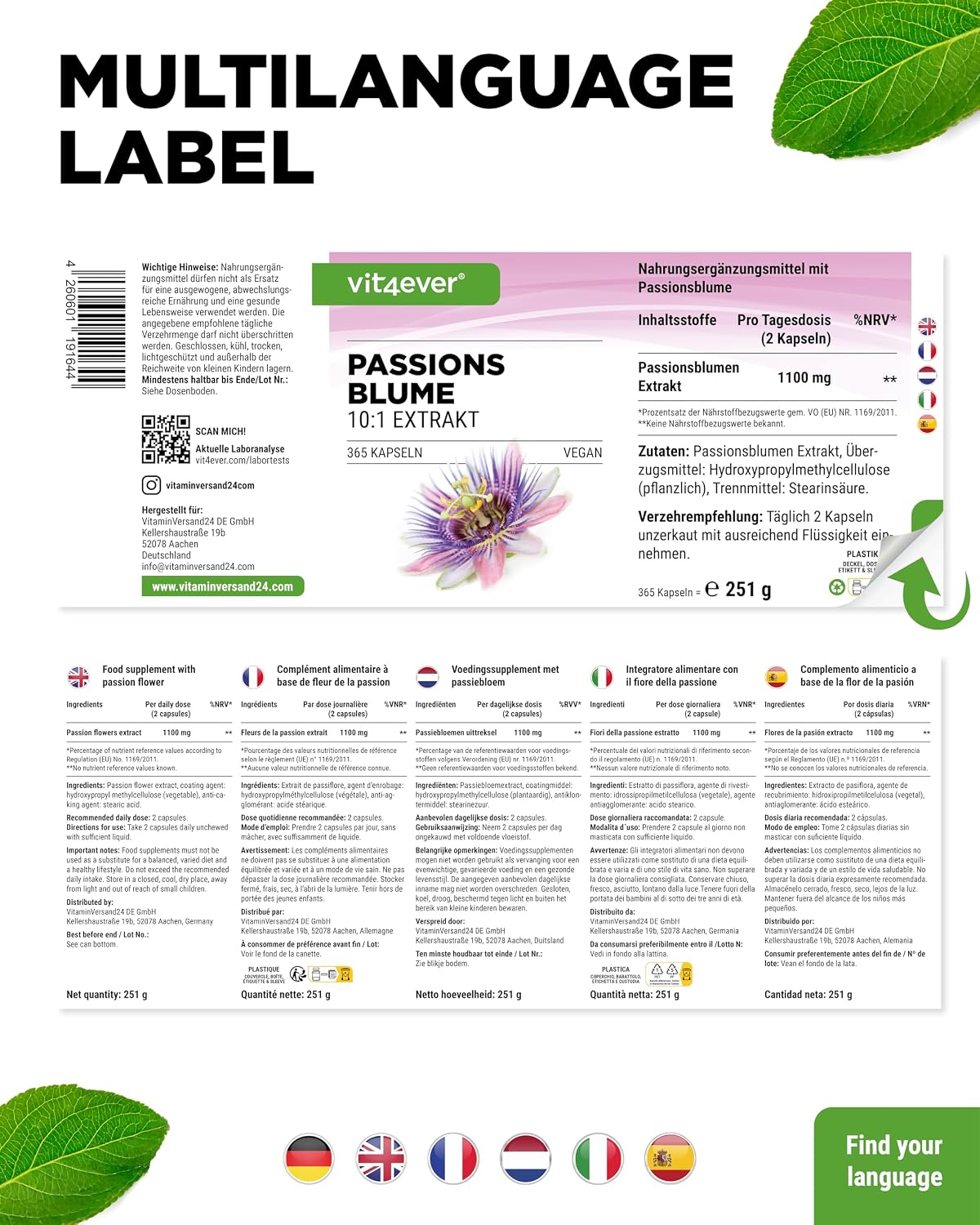 Detalle de Passionsblume Extrakt Premium 10:1 (1.100 mg) – 365 vegane Kapseln
