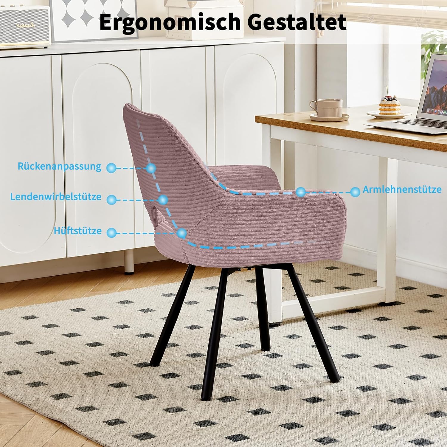 Thumbnail 5 de JIJIAN 2er Set Esszimmerstuhl Drehbar mit Armlehne, Rosa – Komfortabler, 360°-Drehstuhl aus Stoff