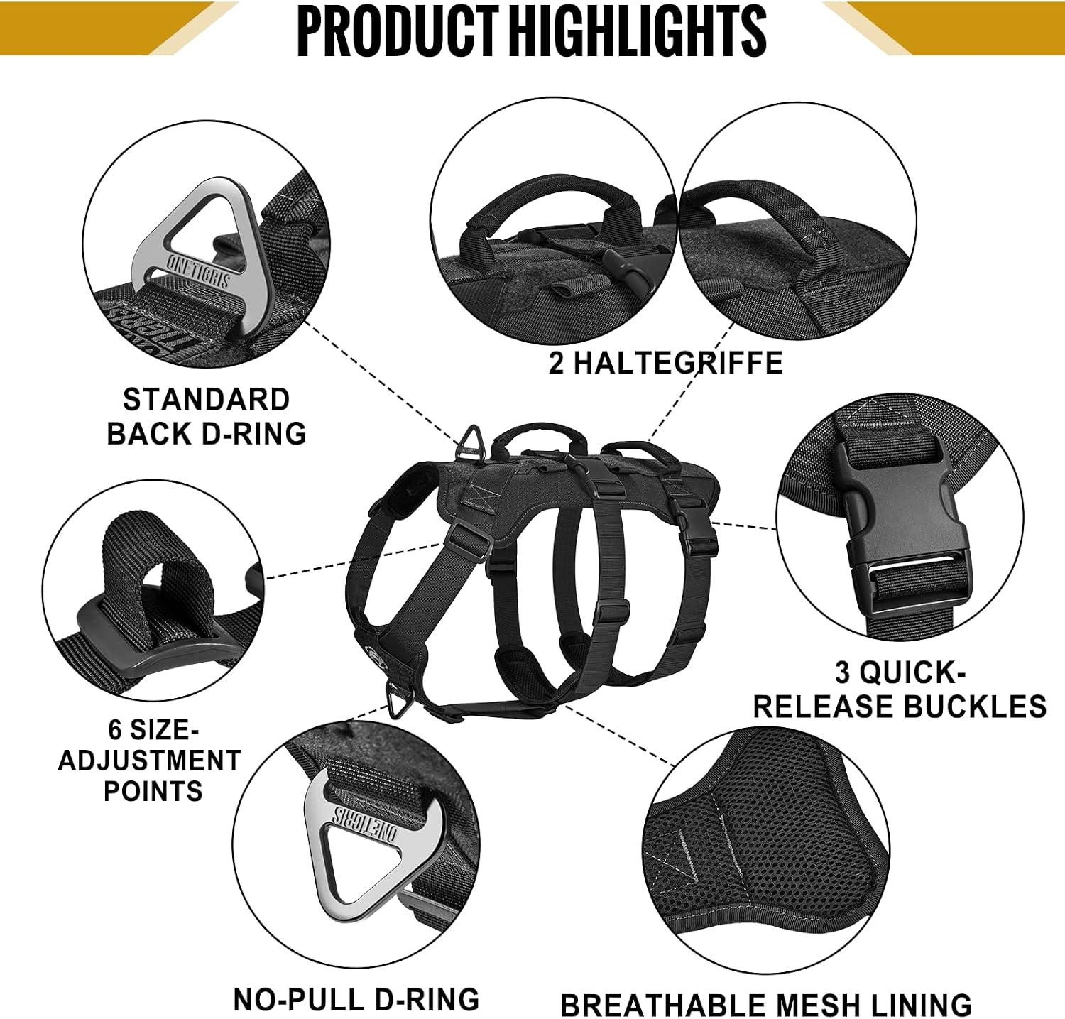 Detalle 2 de OneTigris Escape Proof Dog Harness (No Pull) with Handles – Tactical multi-use support for large dogs, XL, Black