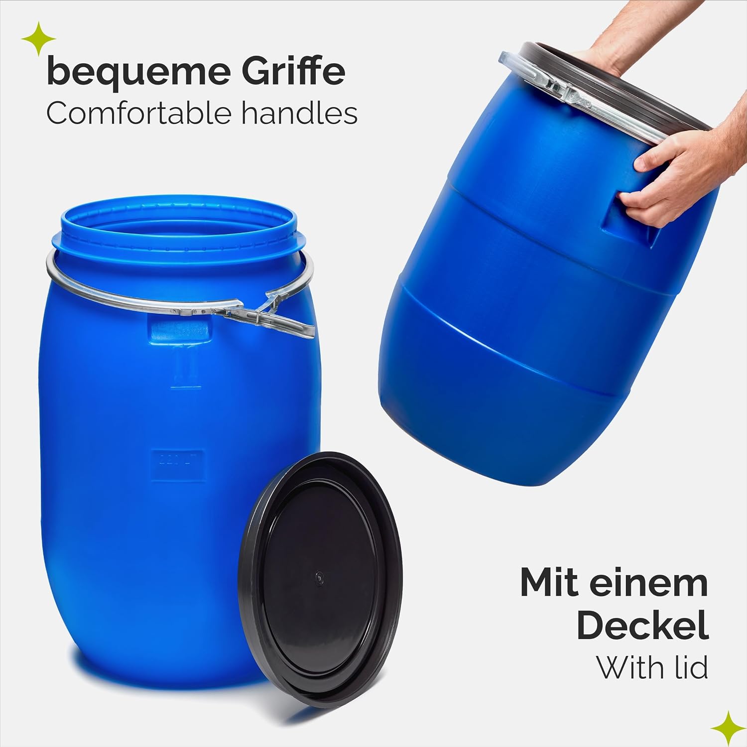 Detalle de Garronda Garronda 120-Liter Deckelfass mit Weithals – HDPE Regen- und Lebensmittelfass GD-0078 (blau)